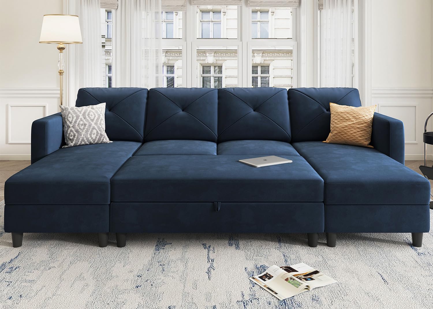 HONBAY Sleeper Sectional Sofa Set Velvet U Shaped Couch with Storage Ottoman 4-Seat Sectional Sofa Set for Living Room, Dark Blue