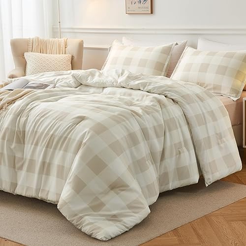 Miniatura 2 de Andency - Juego de cama tamaño individual con diseño de cuadrícula color beige (66 x 90 pulgadas), 2 piezas (1 edredón a cuadros y 1 funda de