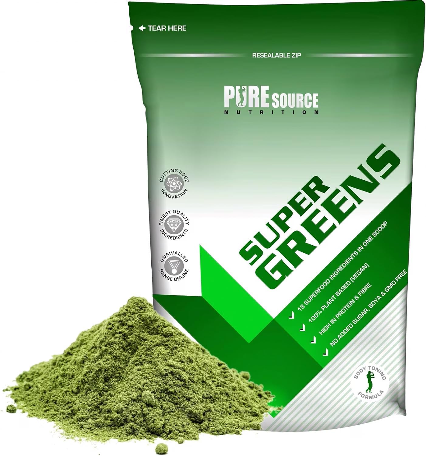 Pure Source Nutrition Vegan Super Greens Powder 18 Superfoods Supergreens Blend with Green Tea, Maca, Inulin, Wheat Grass, Alfalfa, Barley Grass, Moringa, Spirulina, Hemp Seed Powder (500 g)