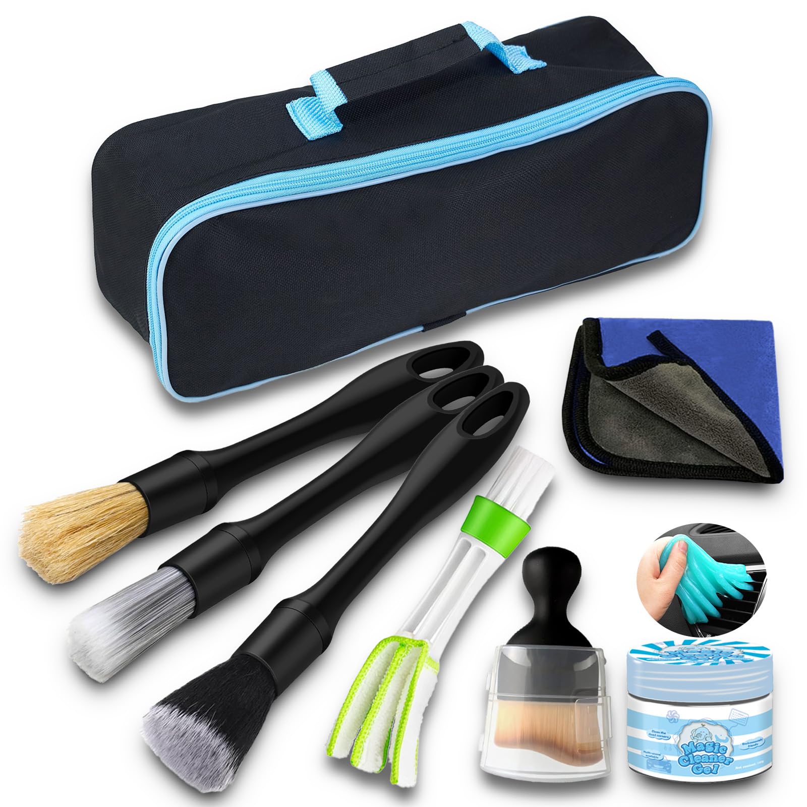 7PCS Car Detailing Brush Set,Various Hardness Options for Brushes, Natural Cleaning Gel Included, Complete Auto Interior and Exterior Detailing Kit for Wheels, Air Vents, and Leather Seats