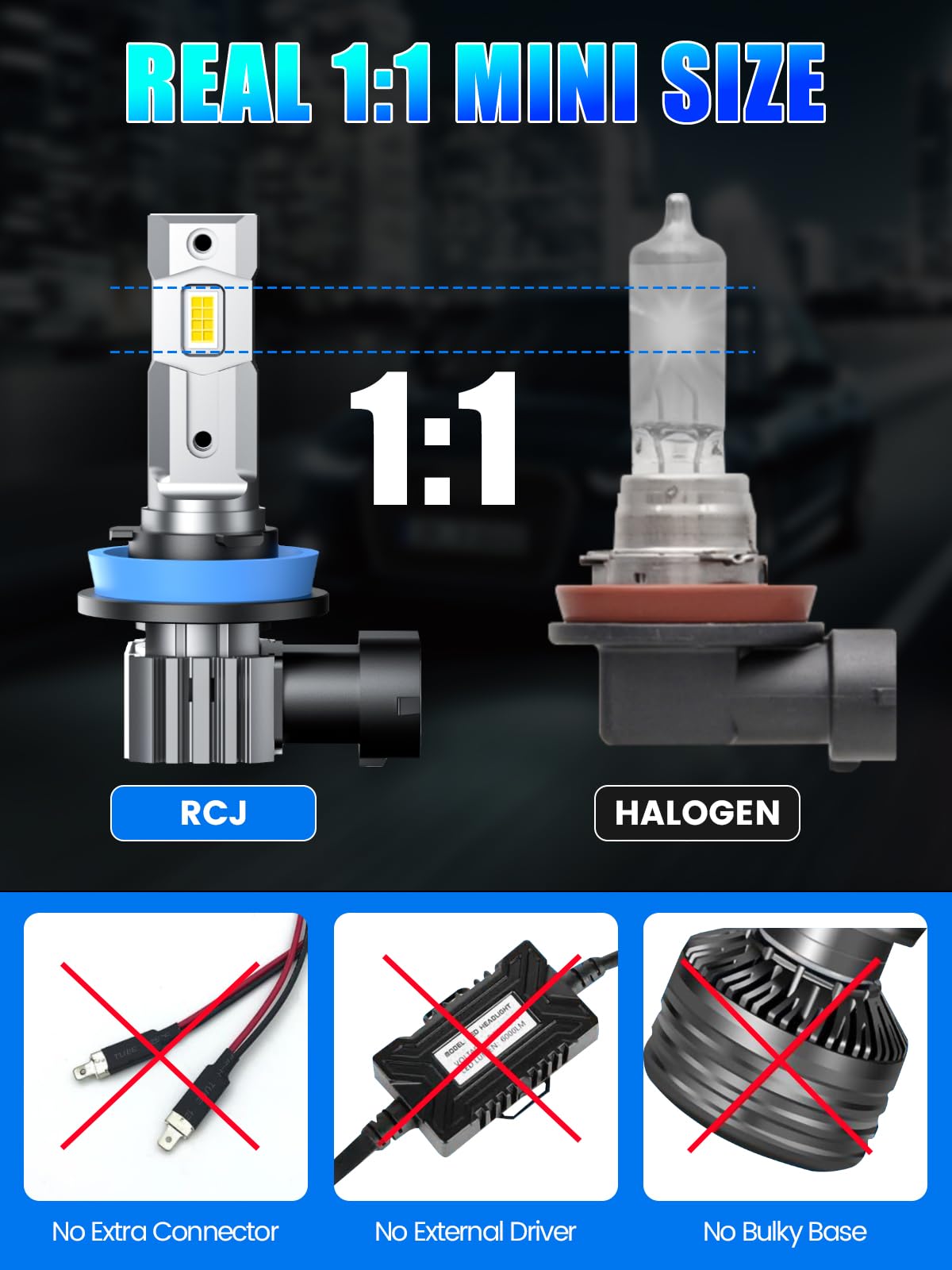 RCJ H11 Bulbs, H8 H9 Fog Light Bulbs 16000LM Super Bright 6000K Cool White, Real 1:1 Design, Plug and Play, Canbus Ready, Pack of 2