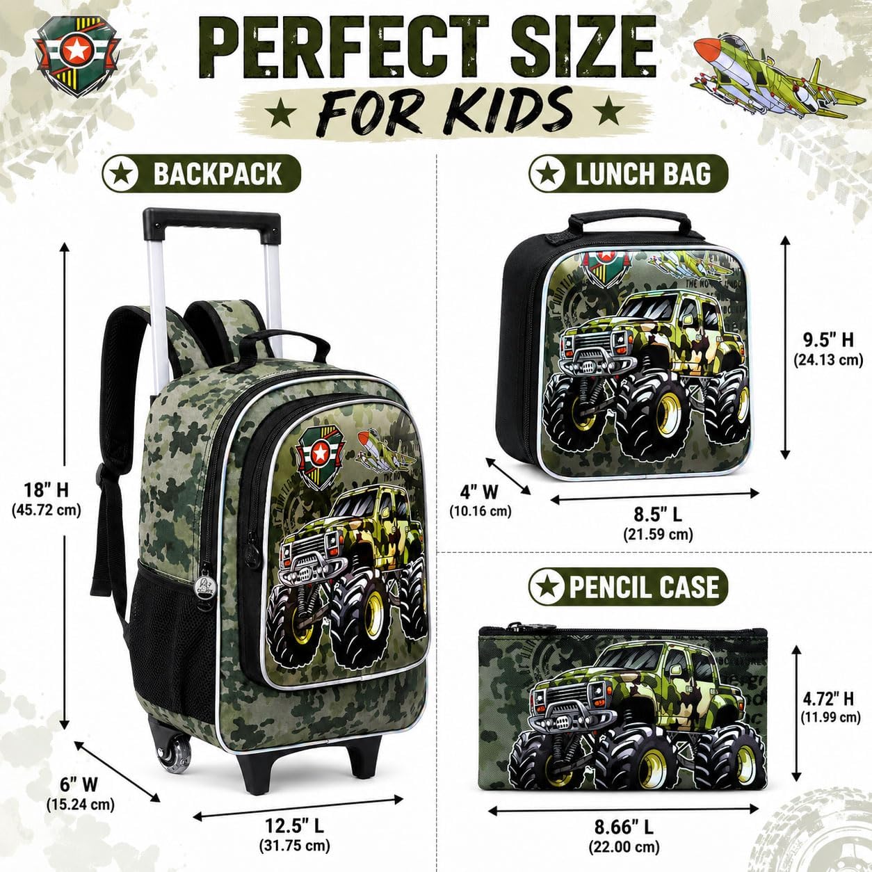 3PCS Rolling Backpack for Girls and Boys， Kids Unicorn Dinosaur Wheeled Bookbag