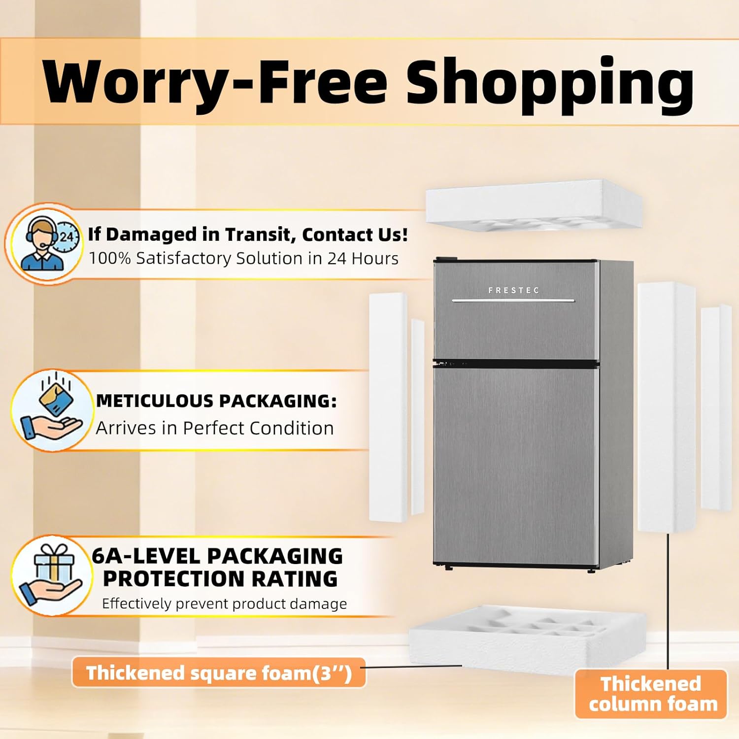 Frestec Mini Fridge with Freezer 3.2 Cu.Ft. 2 Door Refrigerator and Freezer Small Fridge for Bedroom Home Office Dorm, Small Drink Chiller, Adjustable Thermostat,37 dB Low Noise, Stainless Steel