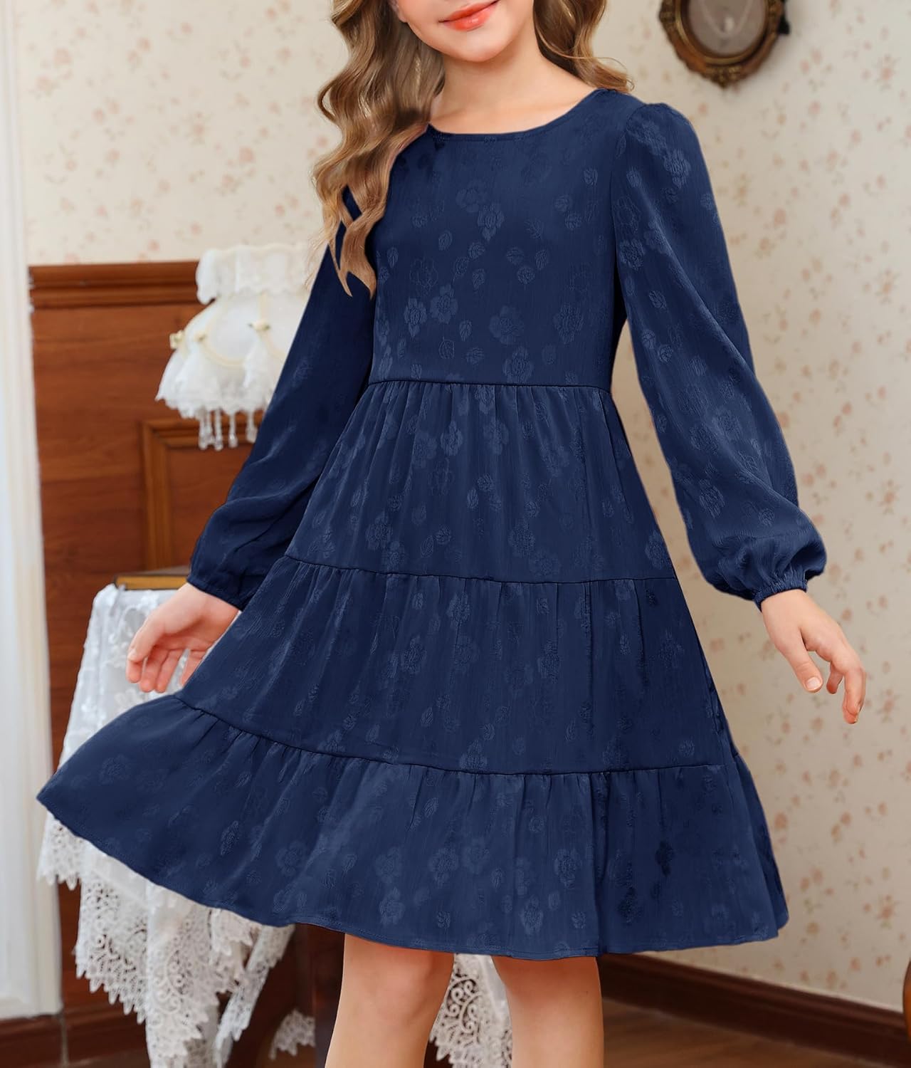 YOVION Girls Fall Long Sleeve Dress Ruffle Tiered A-Line Formal Wedding Party Dresses with Pockets for 6-12 Years - Image 3