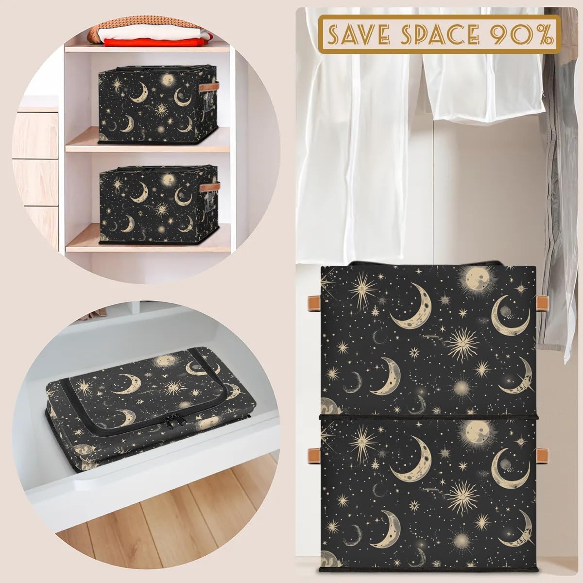 Black Moon Storage Bins with Zipper Lid 2pcs Stackable Storage Baskets Boxes with Metal Frame Closet Storage Cube Bin Organizer with PU Handles Clothes Storage Bag