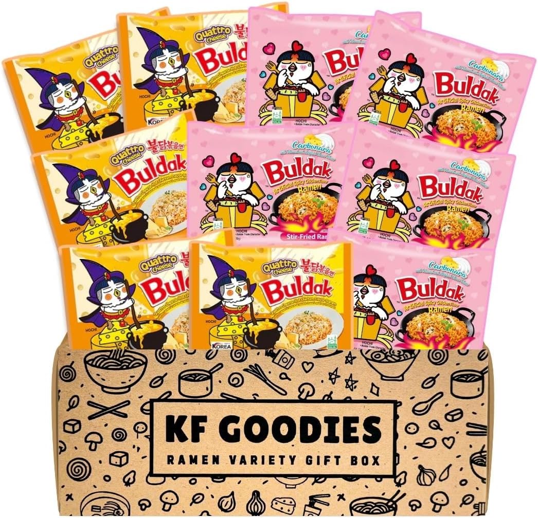 KF GOODIES Korean Ramen Variety Pack Gift Box (10 Count) – Spicy Buldak Noodle Assortment for Birthdays, College Care Packages, Office Snacks, and Gift Baskets
