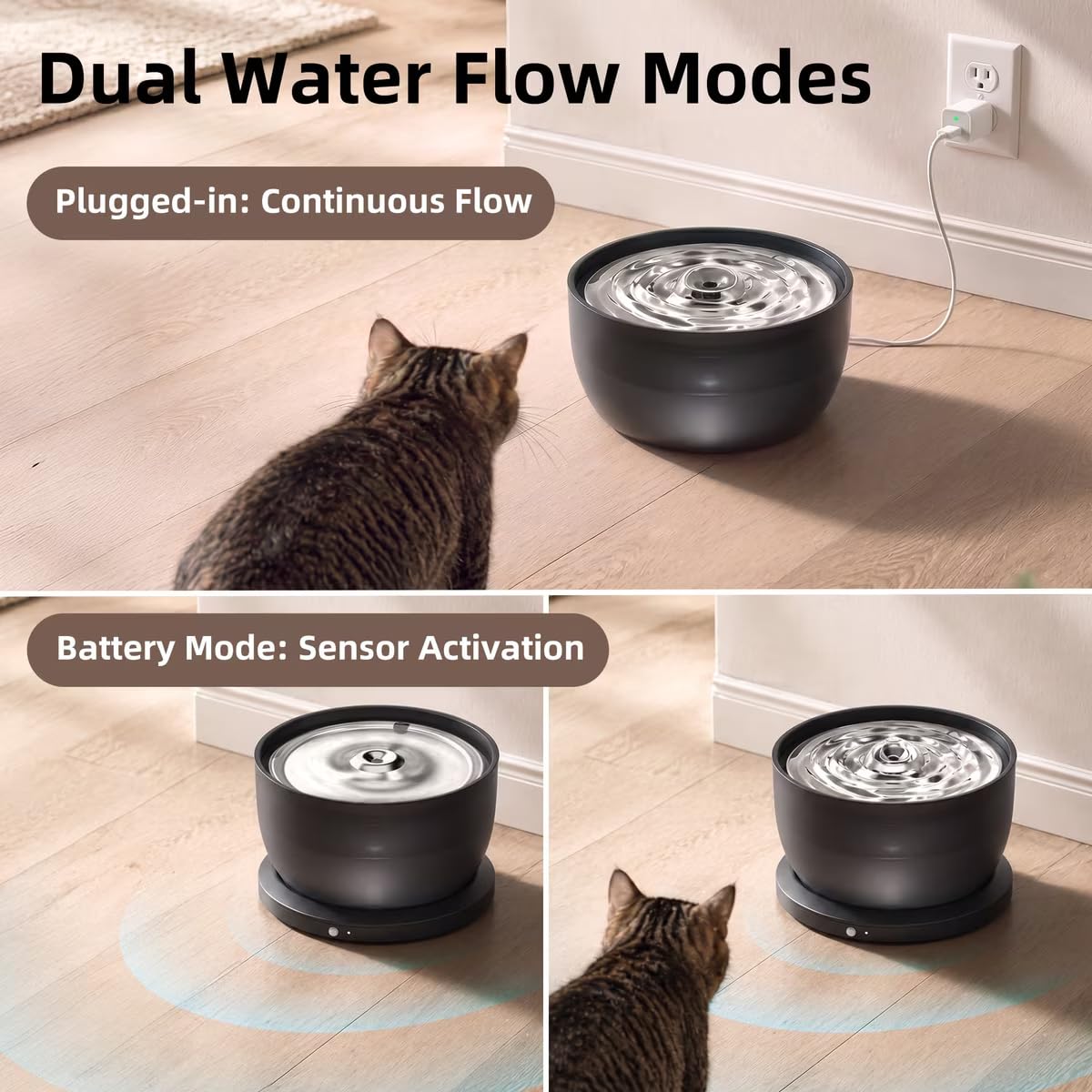 Casfuy W8LE - Fontana wireless per cani e gatti, con vassoio in acciaio inossidabile, 2,9 l, colore: nero