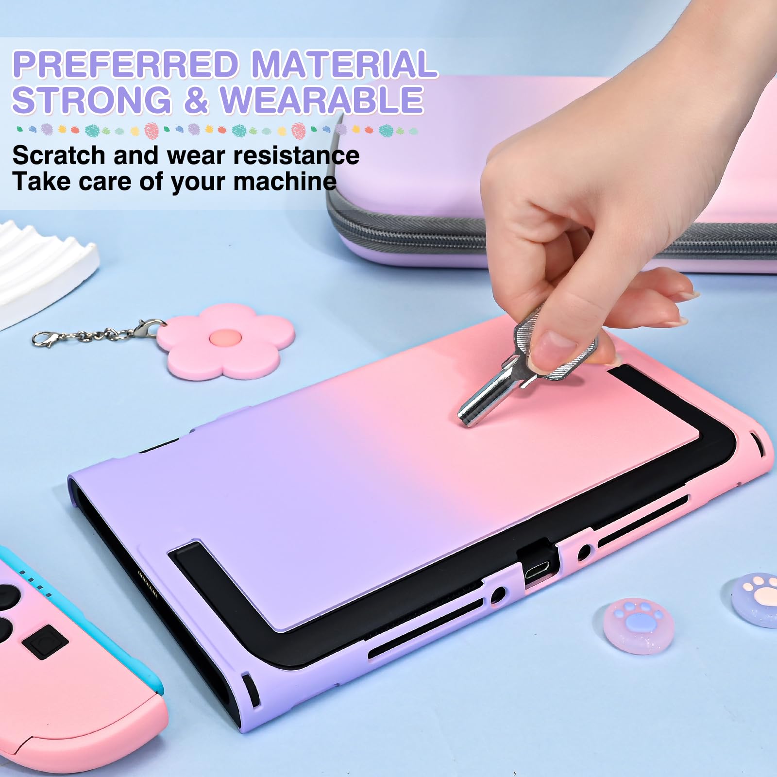 DLseego Tasche nur für Switch 2,Tragetasche für Reise mit Stabiler Schutzhülle,4PCS Daumenabdeckung und 1PC Schöne Blume Charme,Rosa+Lila