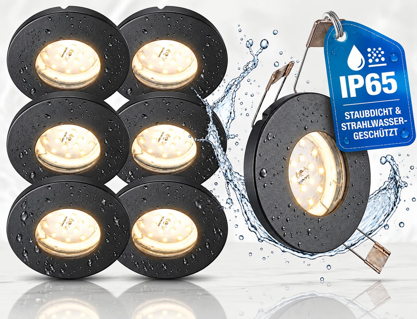 Trango Lot de 6 spots LED encastrables 6729IP65-061MOSD IP65 - Anthracite mat - Avec 6 x 5 W - 3 niveaux d'intensité variable - 3000 K - Blanc chaud Ultra plat - Module LED de douche, de salle de bain