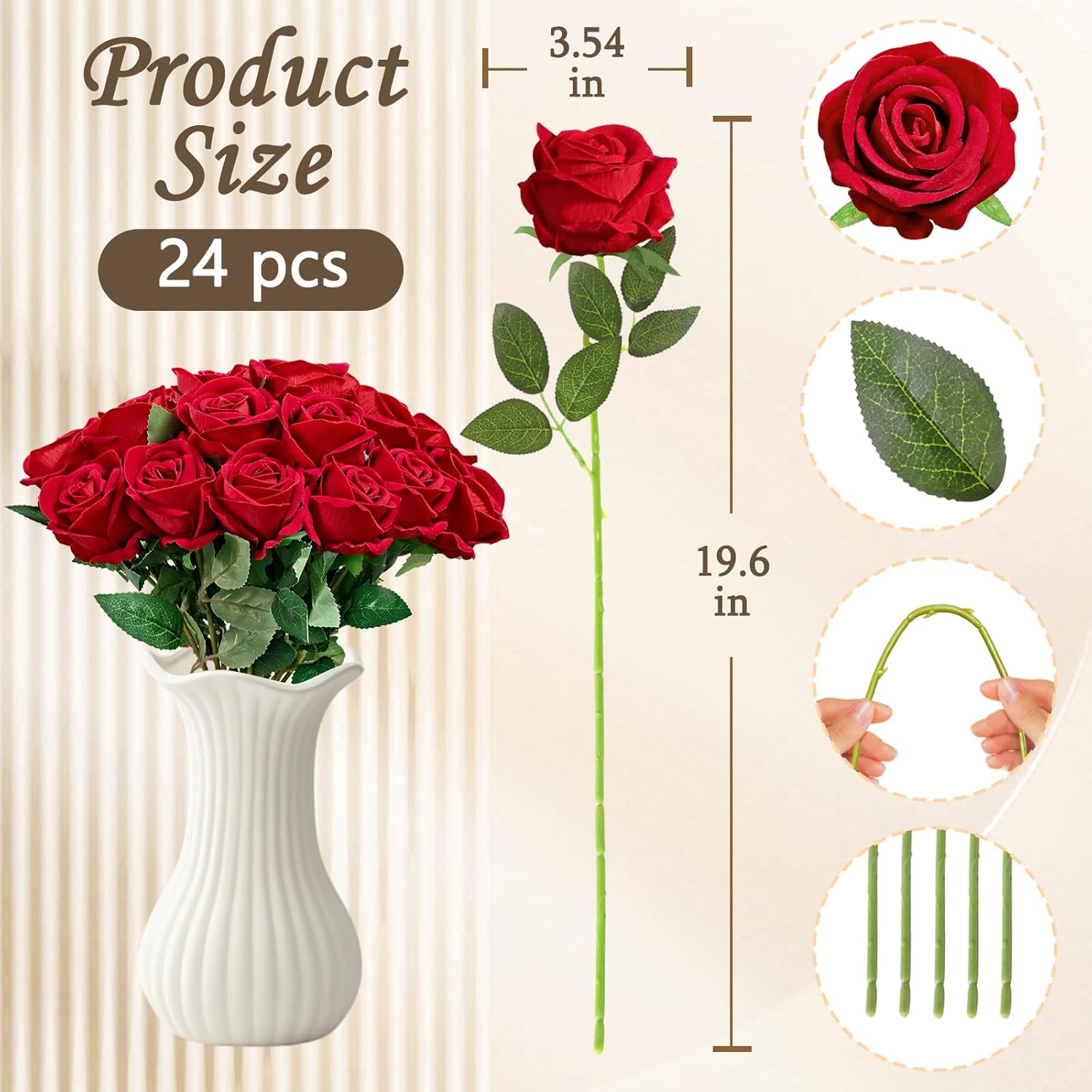 22 Pcs Artificial Roses - Realistic Velvet Flowers with Stems, Bulk Faux Roses for Home Wedding Party Decor (red) - Image 3