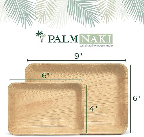 Miniatura 3 de PALM NAKI Platos rectangulares ecológicos de hoja de palma, 9 x 6 pulgadas, estilo bambú (paquete de 40), vajilla sostenible, decorativa y