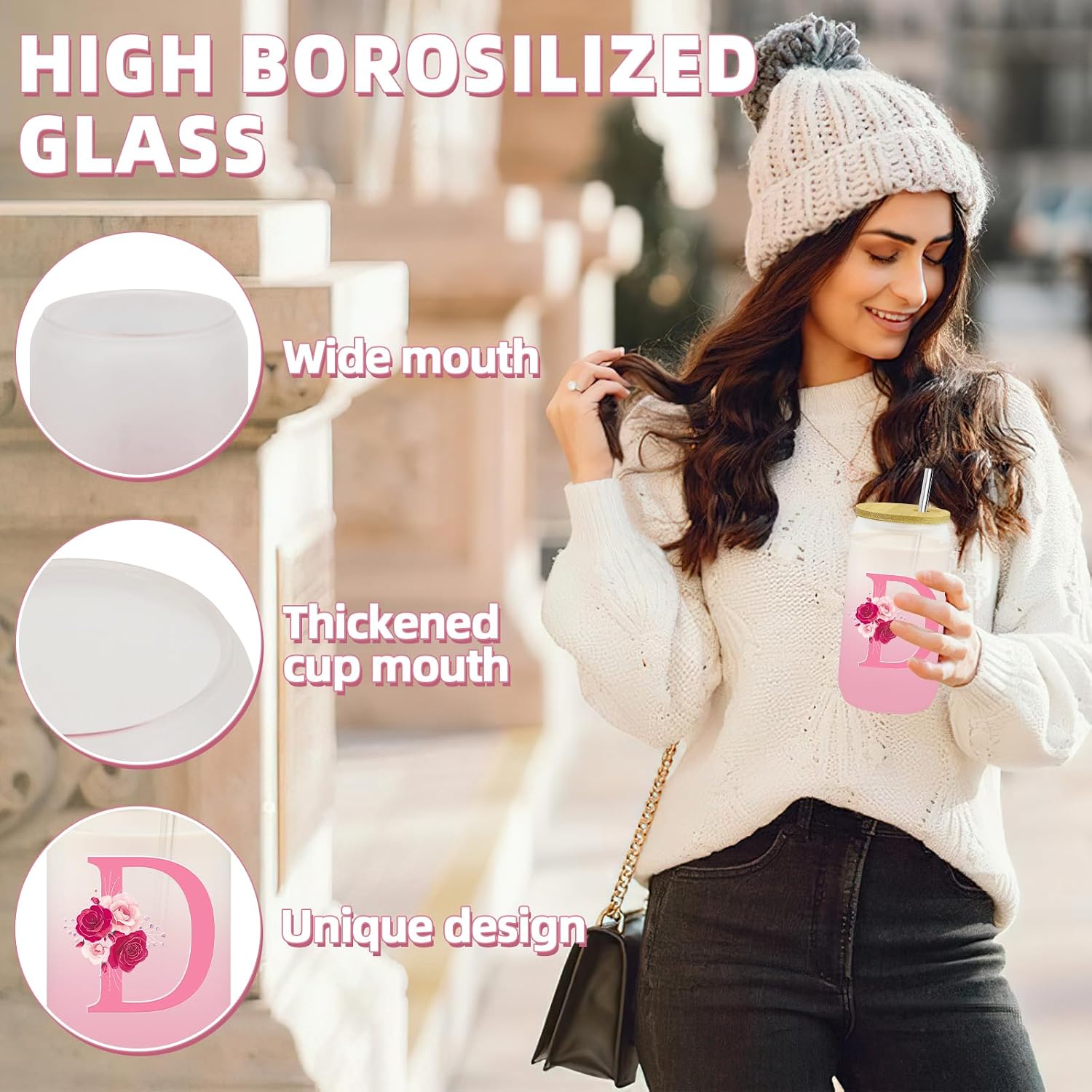 Personalized Gifts for Women,Initial Glass Cup with Lid and Straw,Ice Coffee Mug,Smoothie Beer Tumbler,16oz Glass Cup with Lid and Straw,Birthday Gifts for Mom Colleague-D