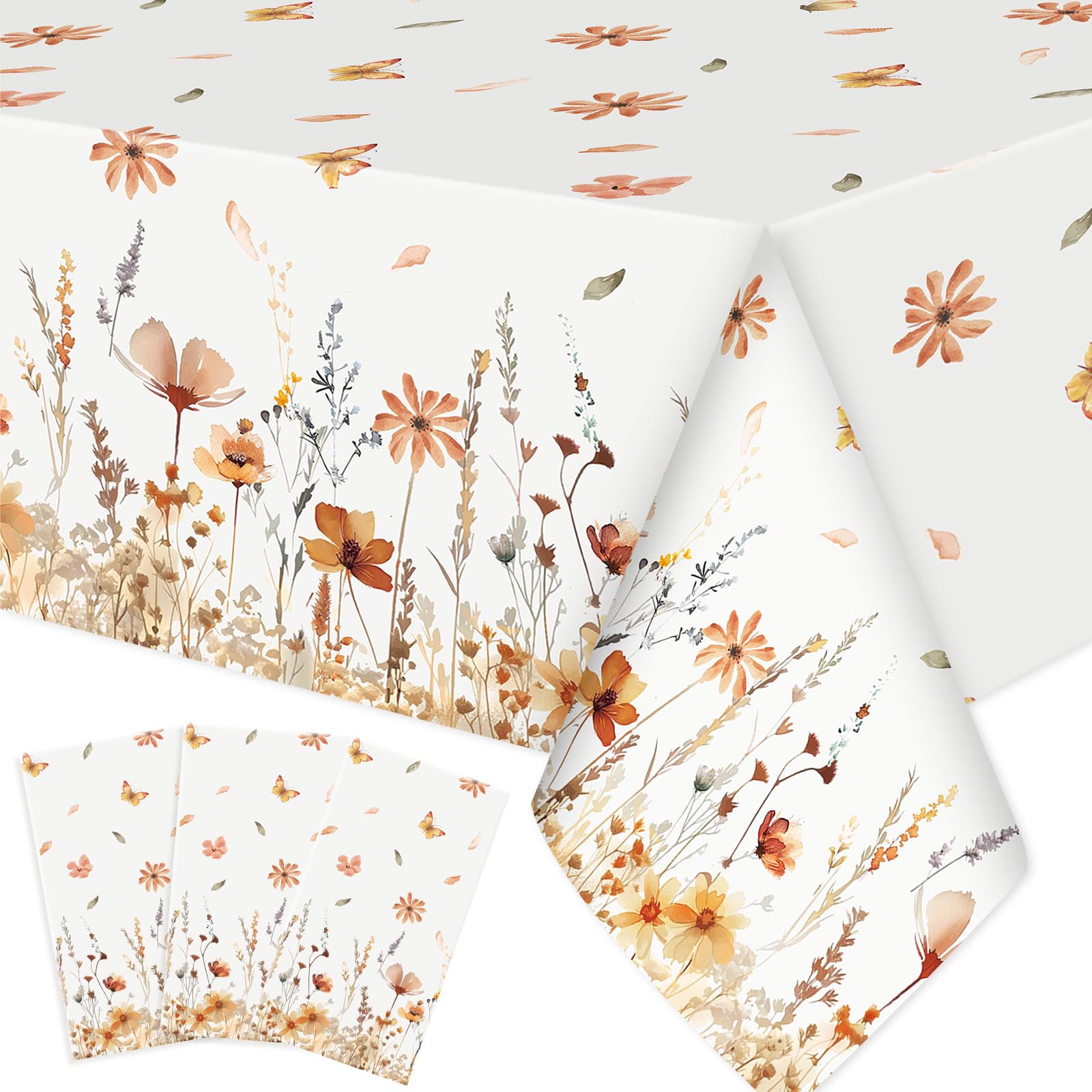 Ganeen 3 Pcs Fall Floral Tablecloth Thanksgiving Autumn Disposable Plastic Table Cloth Wildflower Table Covers Rectangle for Thanksgiving Birthday Wedding Fall Party Decorations, 54 x 108 Inch
