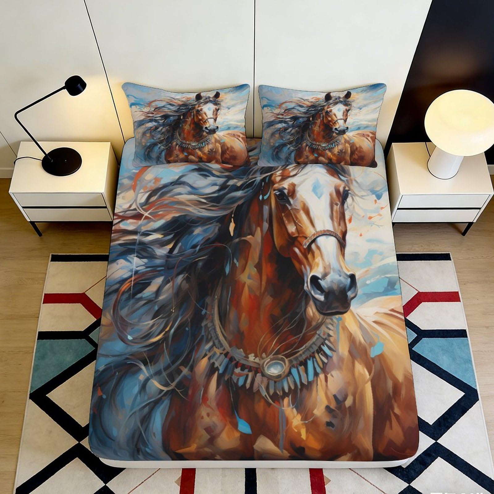 3D Printed Wild Horse Fitted Sheet Microfiber Soft Breathable Painted Stallion Mattress Cover for Bedroom Dorm Mattress Protection Decor 160x200x25cm