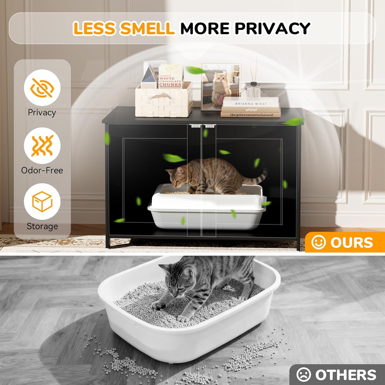 Cat Litter Box Enclosure Furniture Dog Proof, Hidden Kitty Washroom Cabinet Low Entry, Wooden Cat Boxes Enclosure Odor Control for Home, Farmhouse Style Decorative TV Stand with Storage, Black