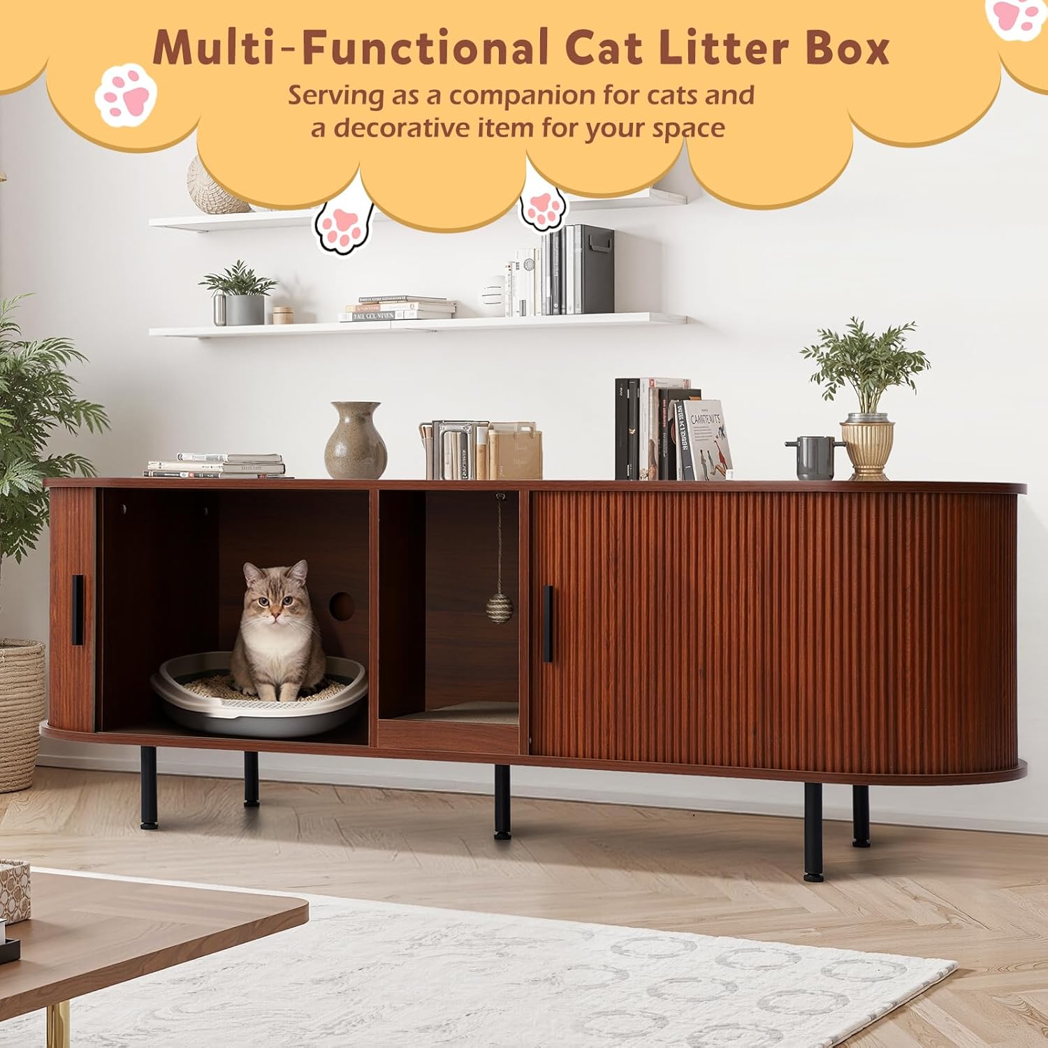 Cat Litter Box Furniture, Hidden Litter Box Cabinet with Cat Scratch Pad and Ball, Wooden Cat House Enclosure for Living Room, Bedroom, Entrance (Brown, 63" L x 17.5" W x 21.7" H)