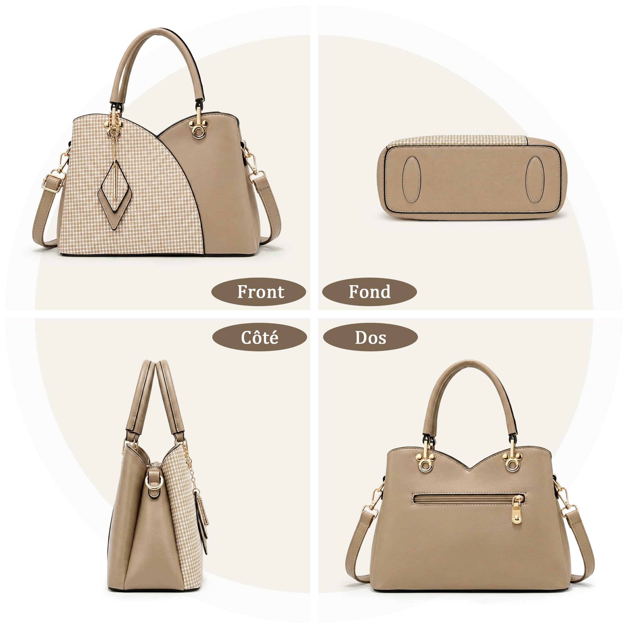 Sac à Main Élégant Carreaux Sacs à Bandoulière Dames Mode Sac portés Main PU Cuir Sac Fourre-Tout avec Pendentif Rhombus Brun