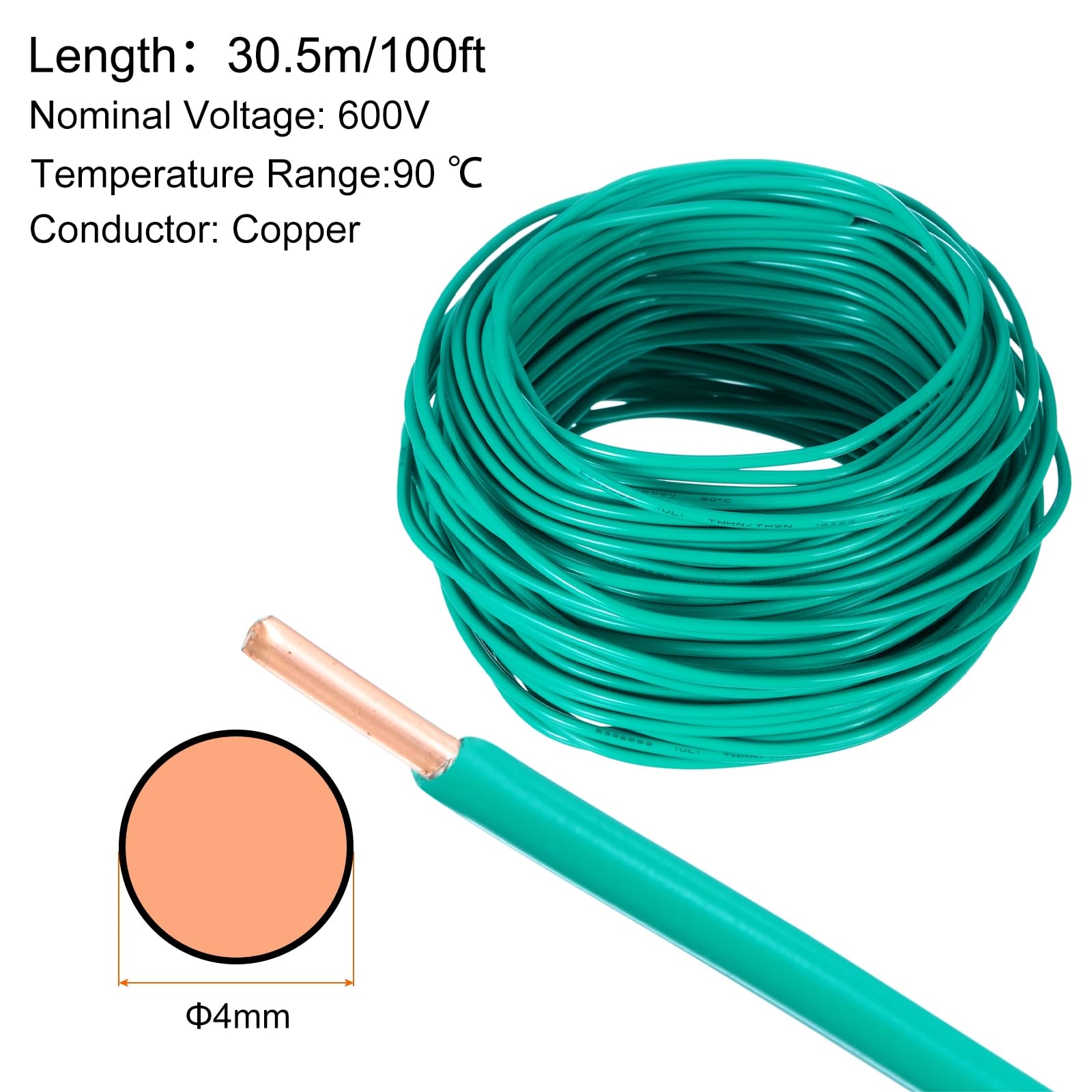QUARKZMAN 100 Fuß Elektrischer Draht Isoliert Fester Kupfer 12AWG Anschlussdraht Kabel THHN Draht Wohngebiet Industrie Erdung Elektrisch Bewertet Für 600 Volt UL Gelistet Grün