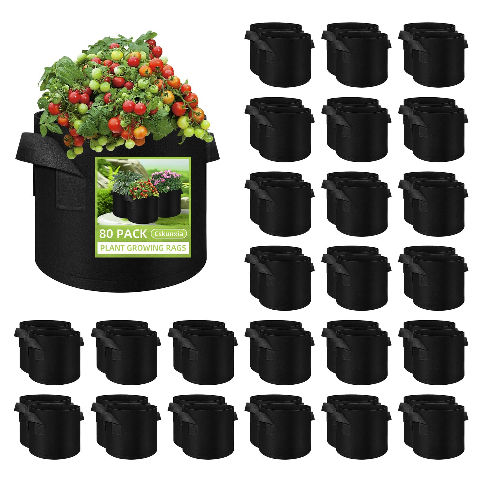 80 Pack 5 Gallon Round Black Solid Modern Plant Grow Bags, Breathable, Environment Friendly, Indoor/Outdoor Use