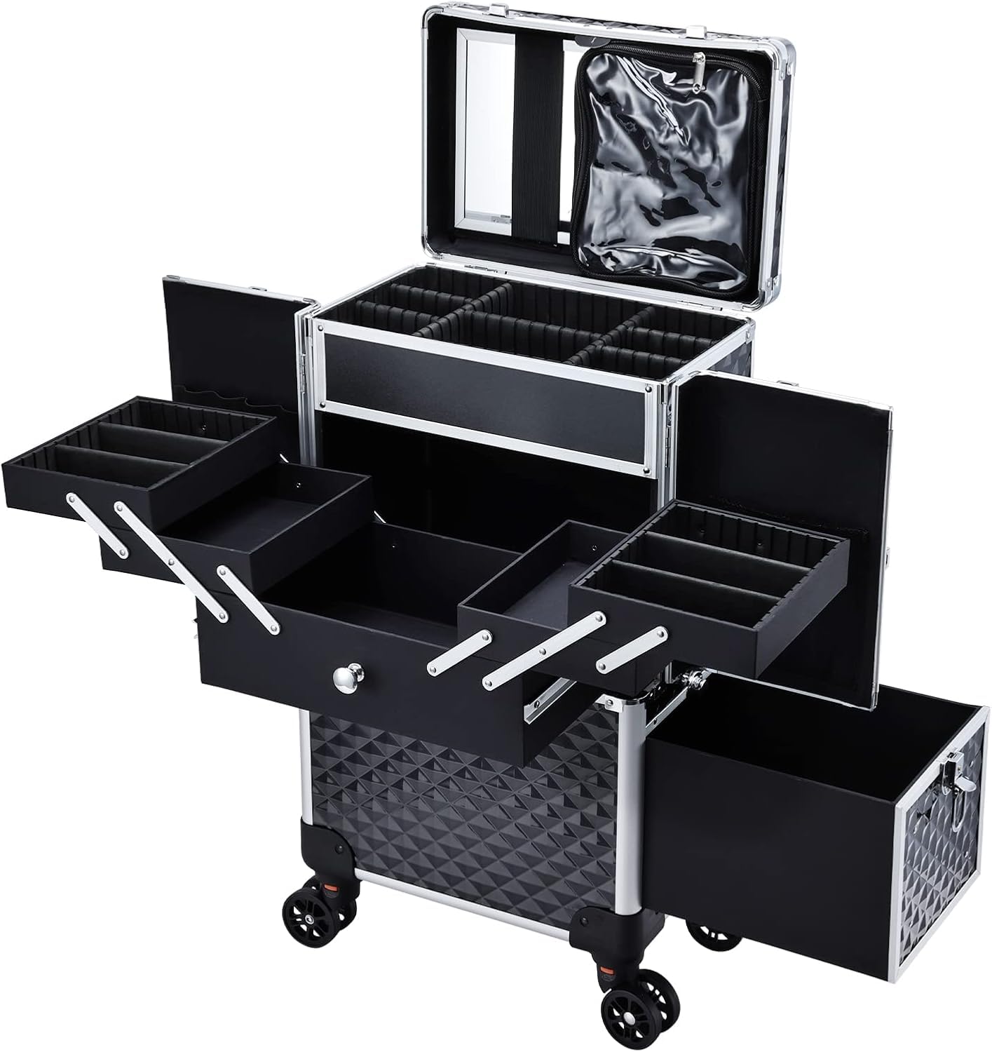 Maleta de Maquillaje con Ruedas Profesional, Maletín de Manicura y Peluquería con Espejo, Cajón Deslizante y Asa Telescópica, Ruedas 360° con Freno, Organizador de Belleza para Salón o Viaje, Negro
