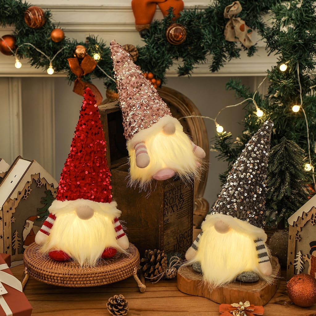 Decoración navideña 3 unidades de gnomos decorativos de Navidad con luz, duende de Navidad, decoración de Navidad, decoración figura de Navidad, estilo americano, con cadena de luces LED de 6 m