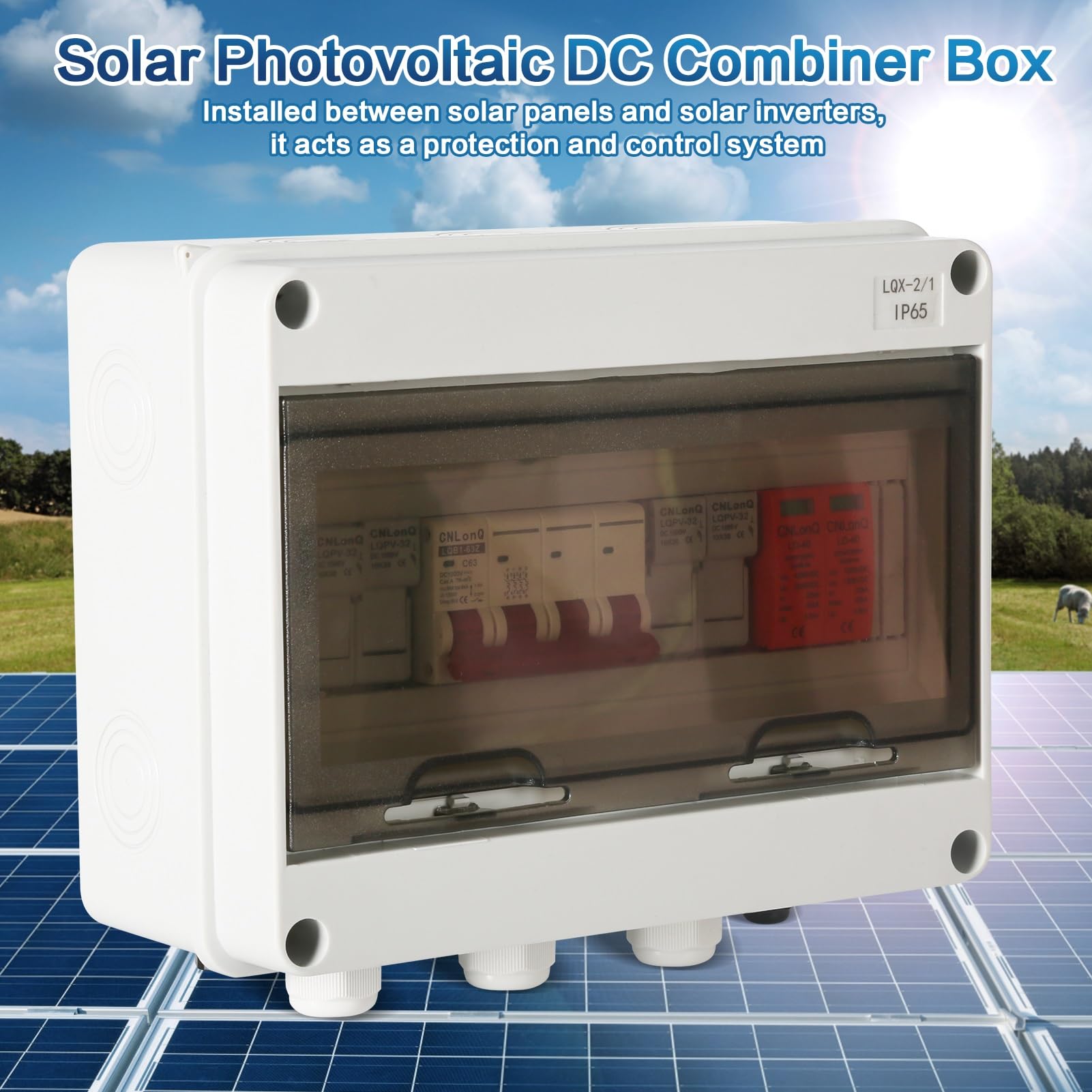DEWIN Scatola Combinatrice Fotovoltaica,DC 1000V 63A Scatola di Collegamento Solare PV Scatola di Distribuzione Combinata con Scaricatore di Sovratensione e 30A Fusibili per Pannelli Solari Sistema