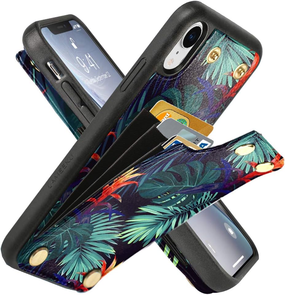 LAMEEKU iPhone XR Wallet Case Floral, iPhone XR Tropical Rainforest Design Leather Case with Credit Card Holder Slot, Shockproof TPU Cover for iPhone XR 6.1"-Rainforest Leaf
