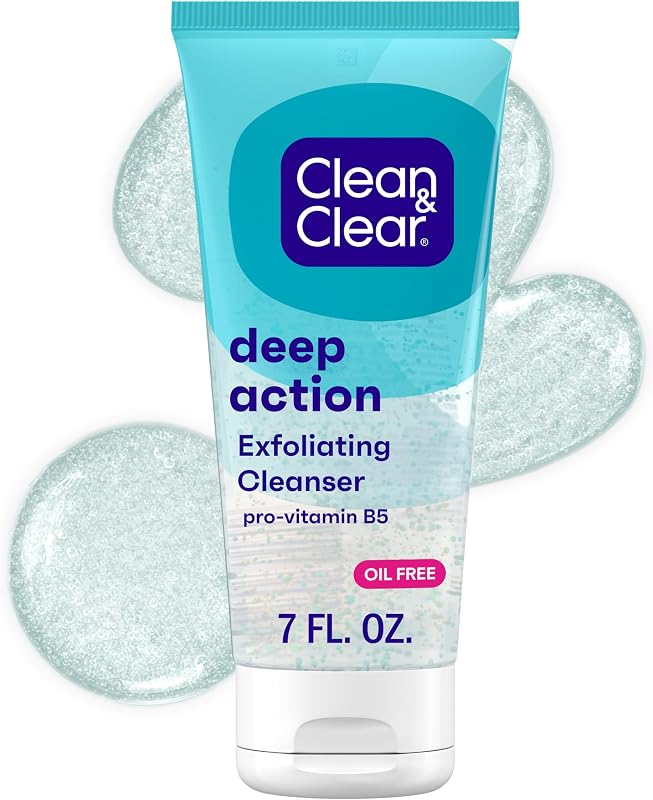 Clean & Clear Oil-Free Deep Action Exfoliating Facial Cleanser, 7 fl oz | Pro-Vitamin B5, Gentle Exfoliating Daily Face Wash, Smooth Hydrated Skin, Paraben-Free