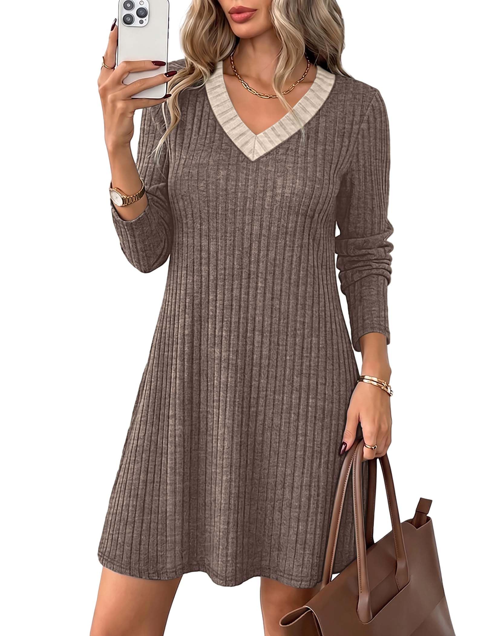 OFEEFAN Fall Dresses Long Sleeve Sweater Dress Maternity Clothes Khaki M
