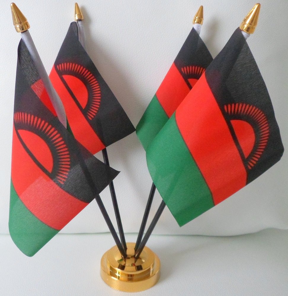 Malawi Malawiian Red Sun 4 Flag Desktop Table Display With Gold Base