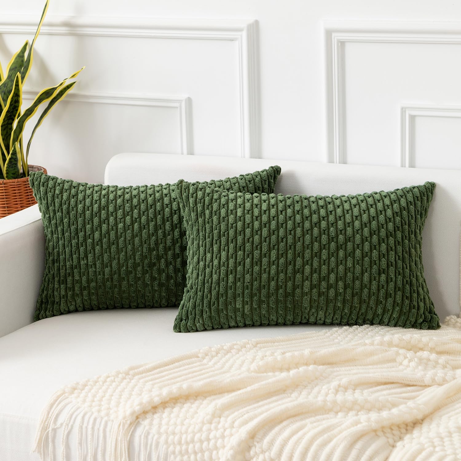 Kevin Textile Spring Throw Pillow Covers Soft Corduroy Decorative Set of 2 Boho Striped Pillow Covers Pillowcases Farmhouse Home Decor for Couch Bed Sofa Living Room 12x20 Inch Moss Green