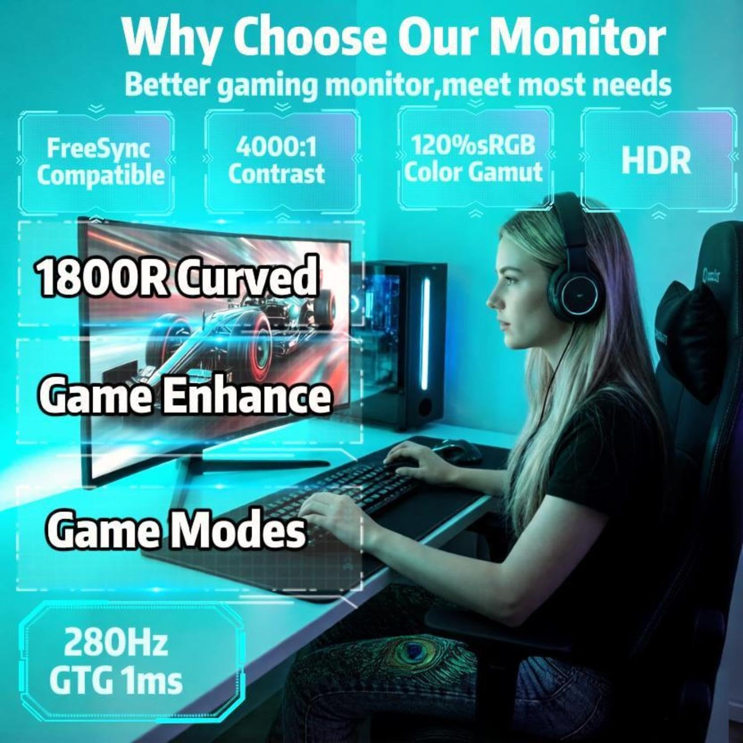 ZZA 27" Curved Gaming Monitor, 280Hz 240Hz Gaming Monitor, 1800R VA Panel, 120% sRGB, AMD FreeSync, 1ms GTG, Esports Ready Display, Flicker-Free, HDMI & DP, VESA Mount - Black