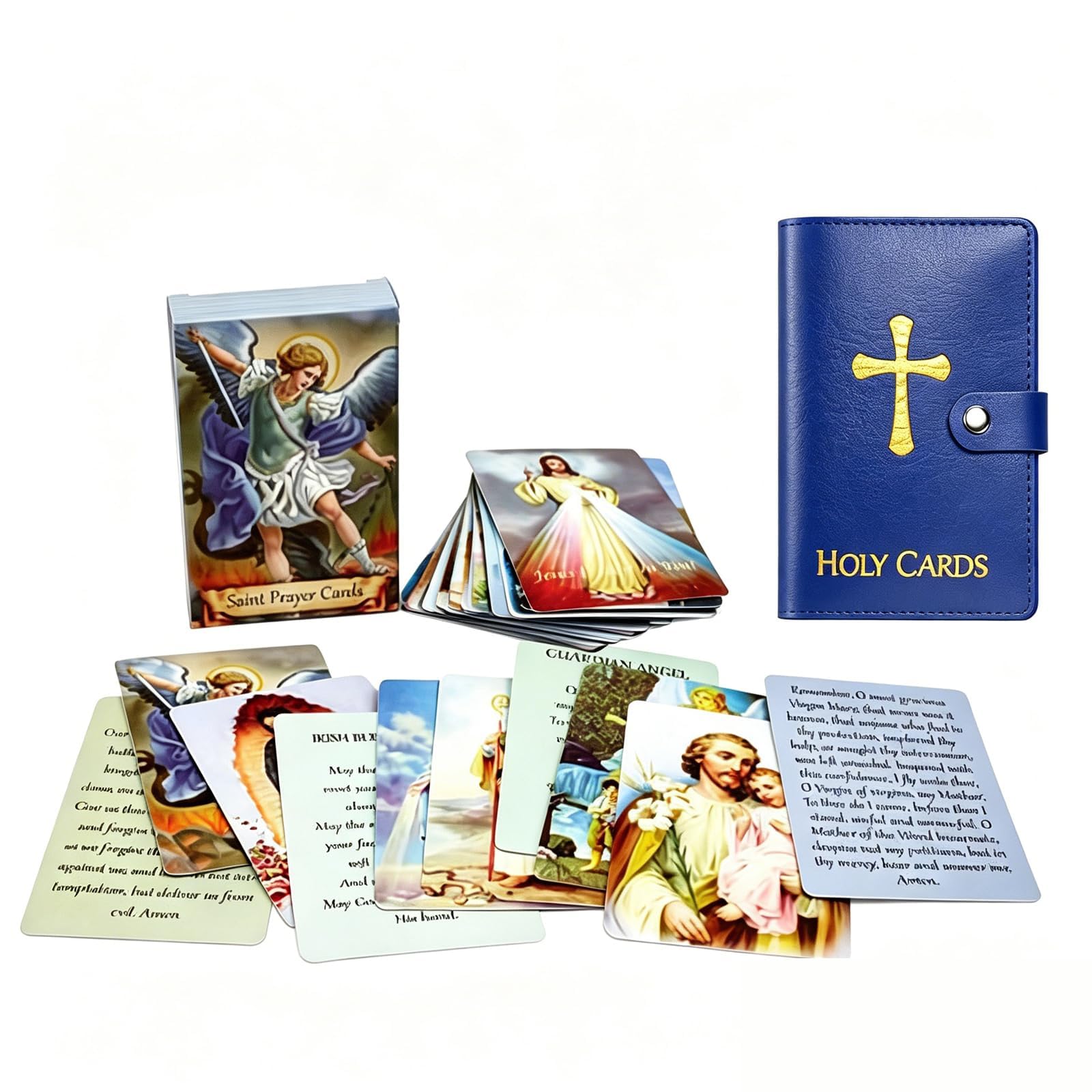 Blue Holy Prayer Card Holder - 54 Holy Prayer Cards, Pu Leather Holy Cards Binder With Cross Embroidery, Catholic Christian Prayer Card Organizer, Portable Holy Cards Album For Devotional Cards (Blue)
