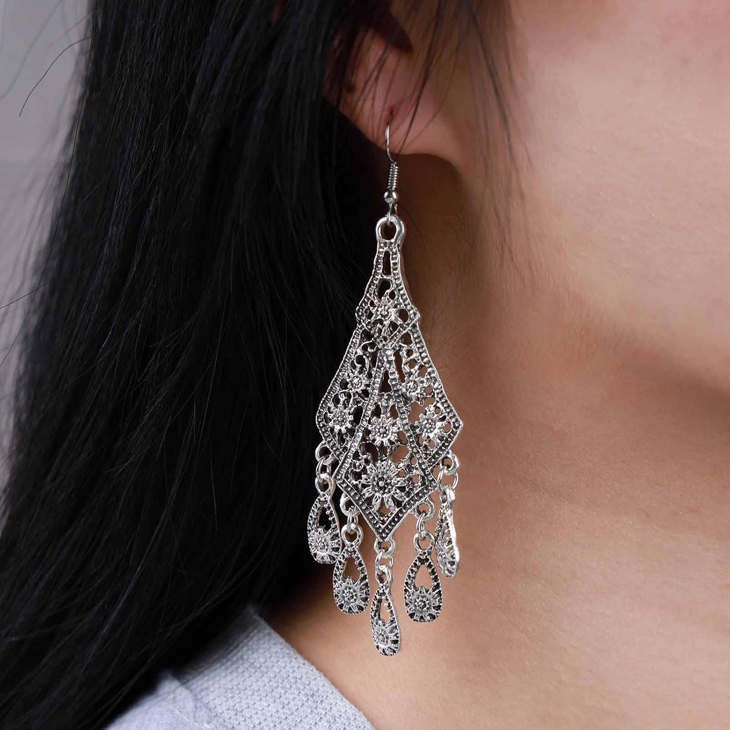 Vintage Filigree Tassel Earrings Silver Fringe Chandelier Earrings Tribal Hollow Out Filigree Earrings Long Chain Earrings Gypsy Statement Earrings Jewelry for Women - Image 5