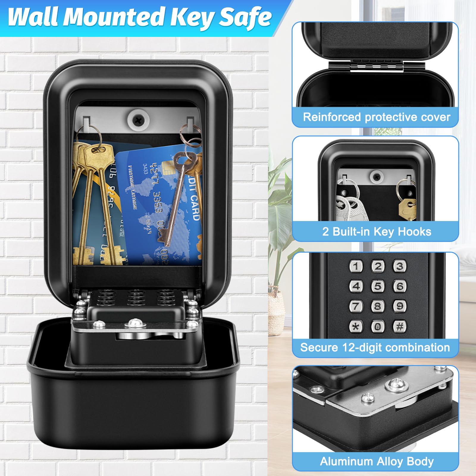 Cajetin Llaves con Codigo Exterior Grande Caja Seguridad para Llaves Pared Caja con Combinación 12 Dígitos Impermeable para Casa, Garaje, Escuela, Oficina