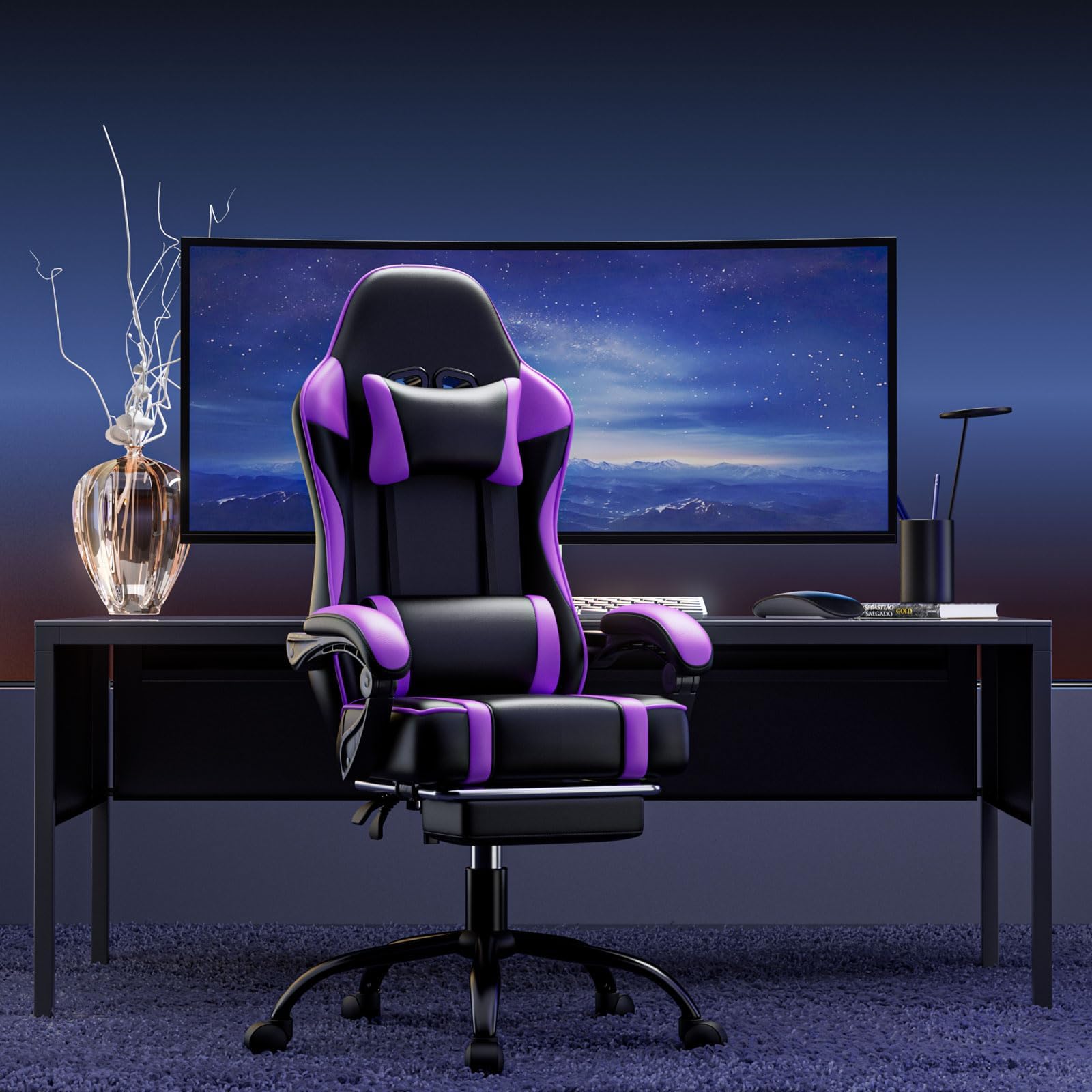 Sedia Gaming Ergonomica, Poltrona Gaming con Schienale Regolabile, Sedia da Gamer con Poggiatesta e Supporto Lombare, Sedia Gamer in Pelle Sedia Gaming con Poggiapiedi (Viola)