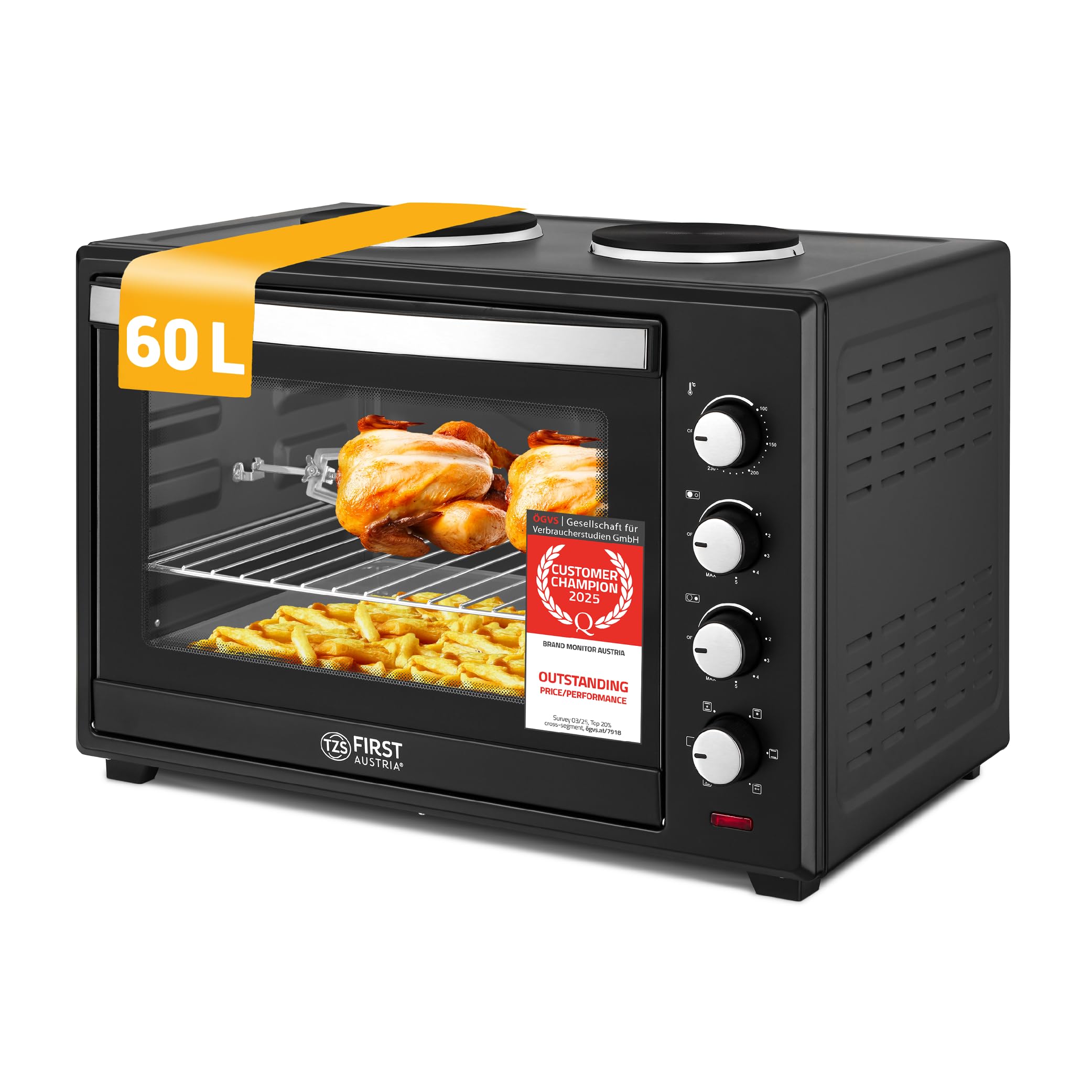 Forno con fornelli 60L 3200W - Fornetto pizza 230°C 6 modalità riscaldamento - Multiforno 4 altezze inserimento