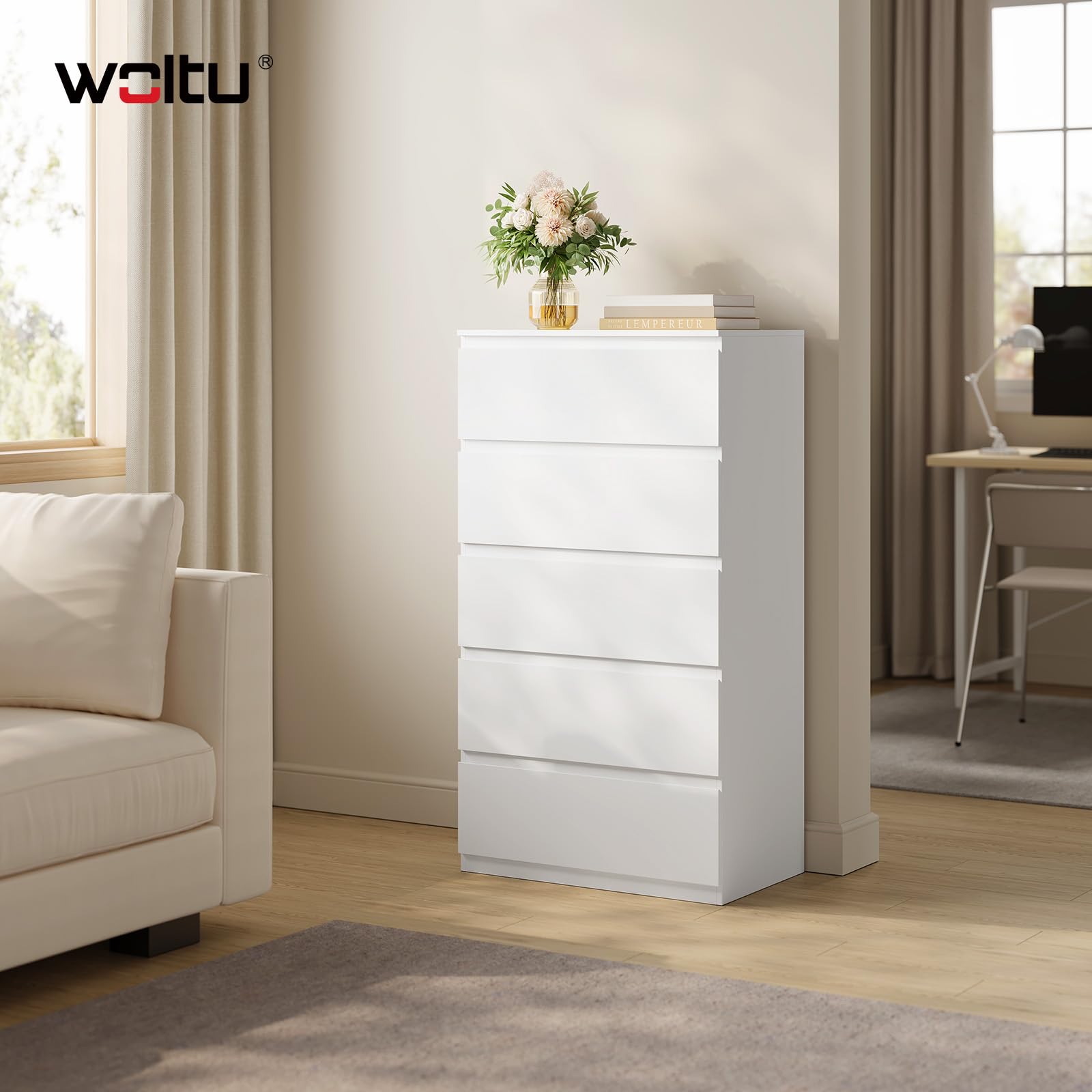 WOLTU Cassettiera Camera da Letto con 5 Cassetti Bianca, Mobiletto Salvaspazio in Stile Moderno, per Soggiorno Ingresso, 60x37x110 cm, in Legno, KMD006ws