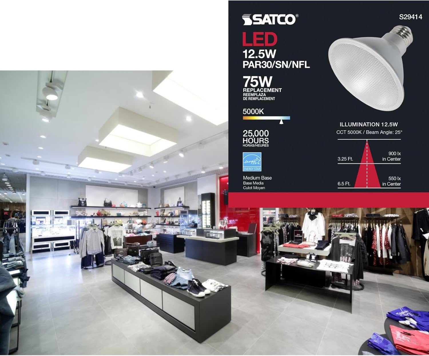 Satco 12.5W PAR30 Short Neck LED Light Bulb 5000K Natural Light 1000 Lumens 25 Degree Beam E26 Medium Base 90 CRI Dimmable Wet Rated Enclosed Fixture Rated 120V S29414 (12 Pack)