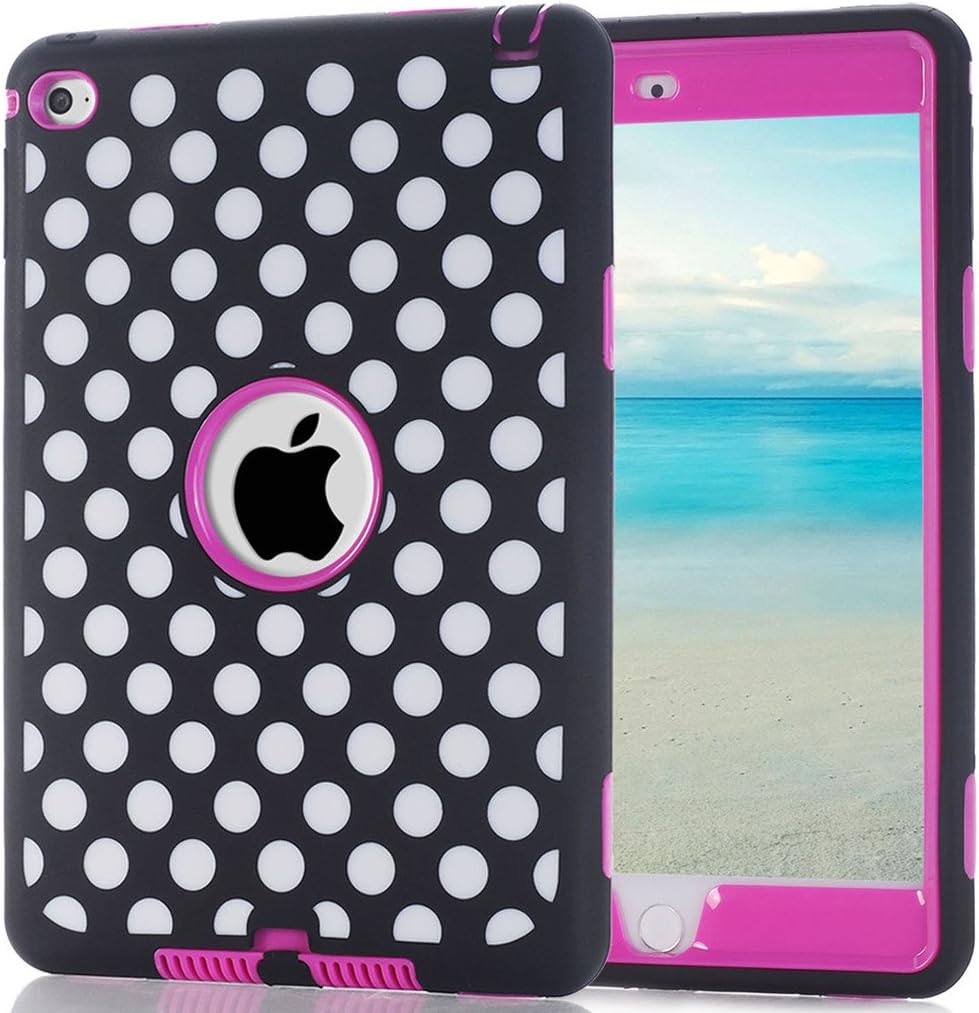 iPad Mini 4 Case A1538/A1550, Hocase Rugged Hybrid Double Layer Shockproof Protective Hard Rubber Case for Apple iPad Mini 4 Retina - Polka Dot/Deep Pink