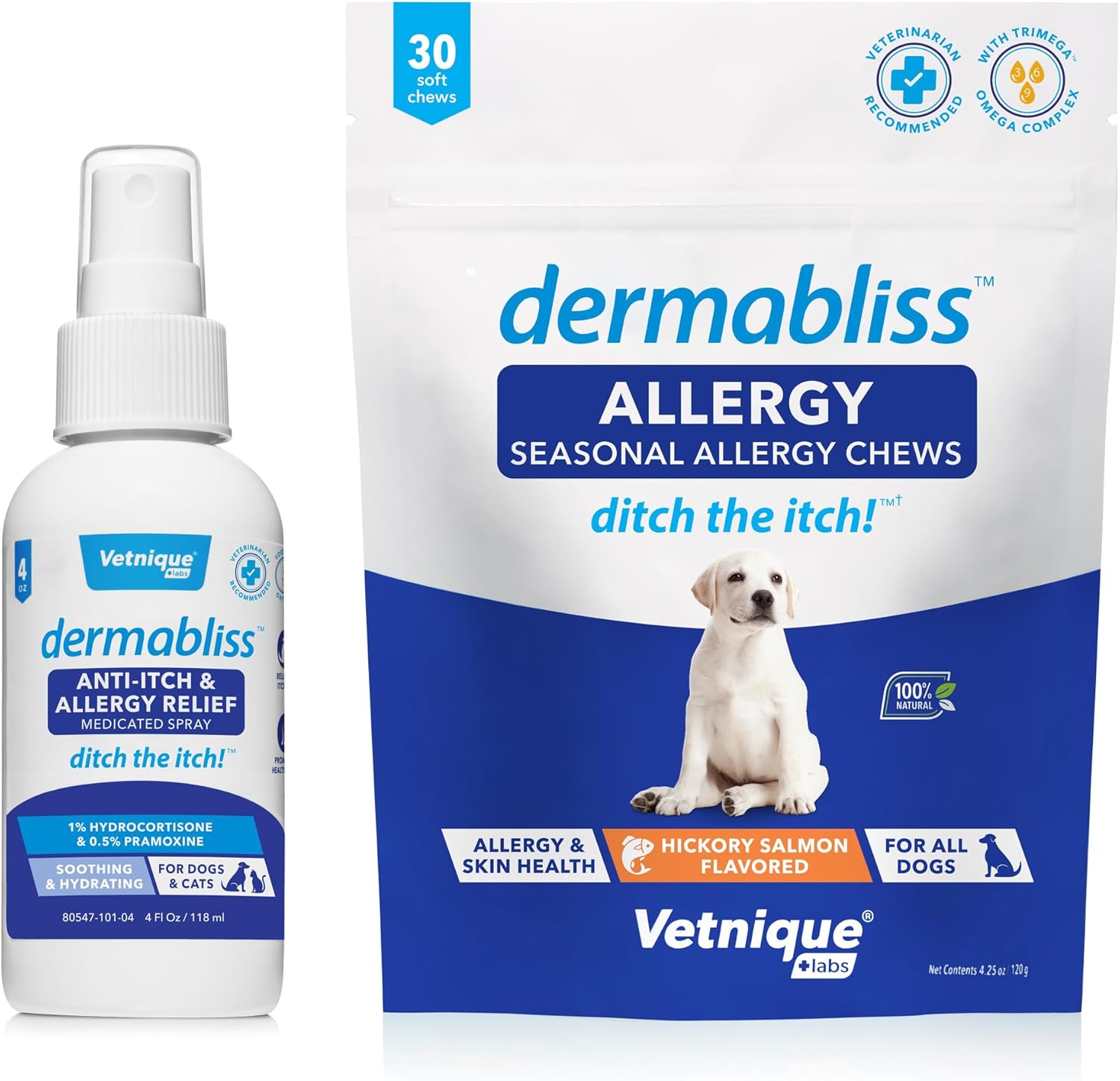 Vetnique Labs Dermabliss Dog Allergy Anti Itch Spray (4oz) & Dermabliss Itch Relief Allergy Soft Chew Supplement (30 Count)