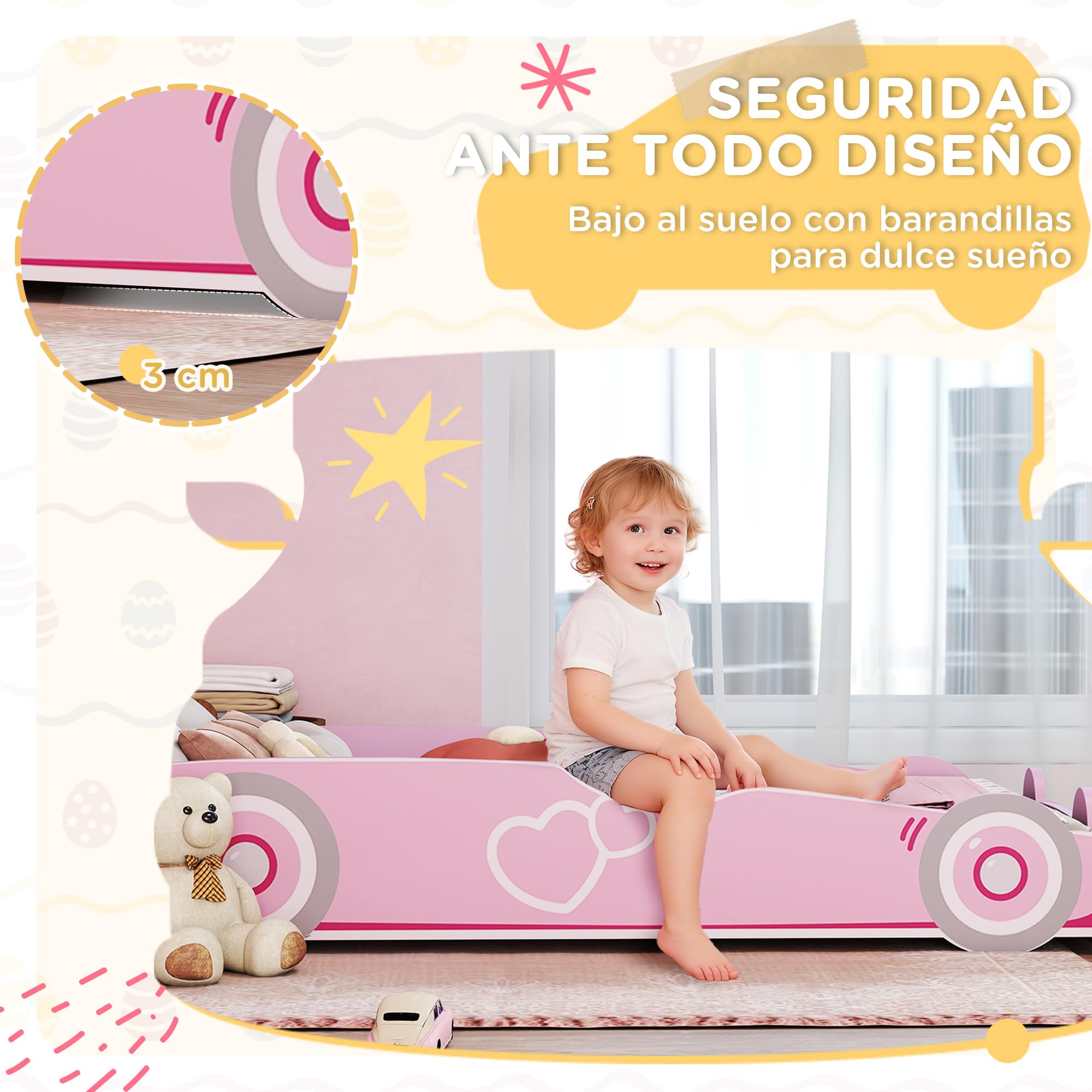 AIYAPLAY Cama Infantil 70x140 cm Forma de Coche con Somier y Barrera Rosa