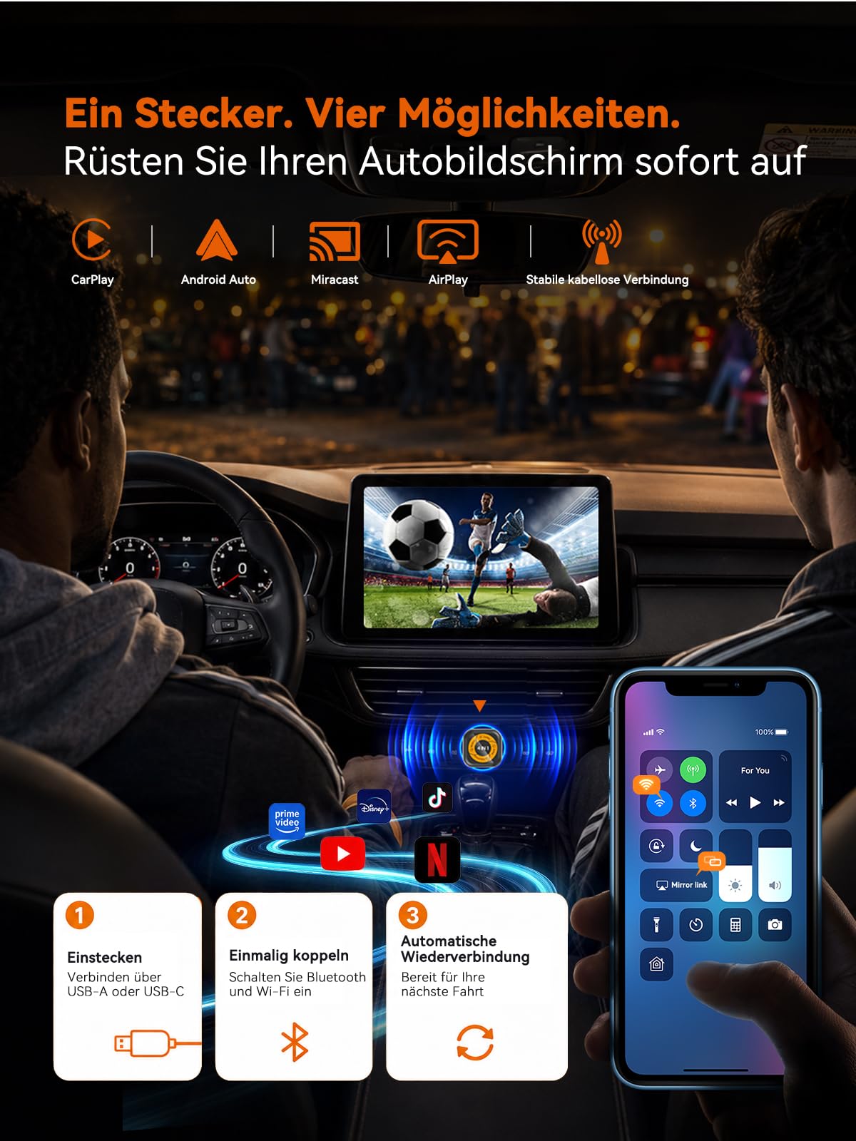 4-in-1 Wireless CarPlay Adapter für Apple CarPlay & Android Auto, AirPlay & MirrorLink Bildschirmspiegelung, Wired zu Wireless Car Play Adapter, 5.8GHz WiFi Bluetooth 5.4, Plug & Play, USB-A/C，Orange