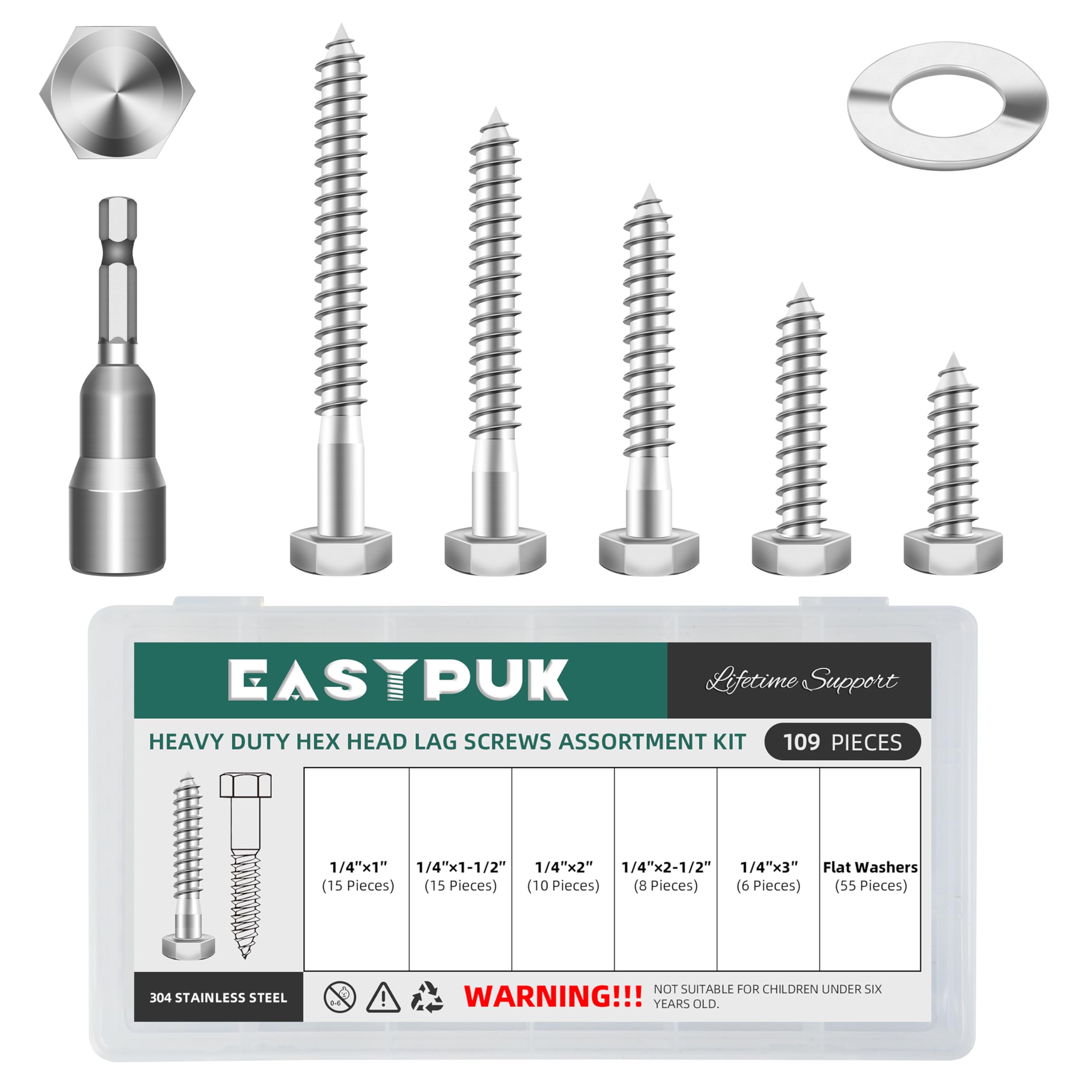 Stainless Steel Lag Screws - 8 Pack, 3/8" x 4" -20