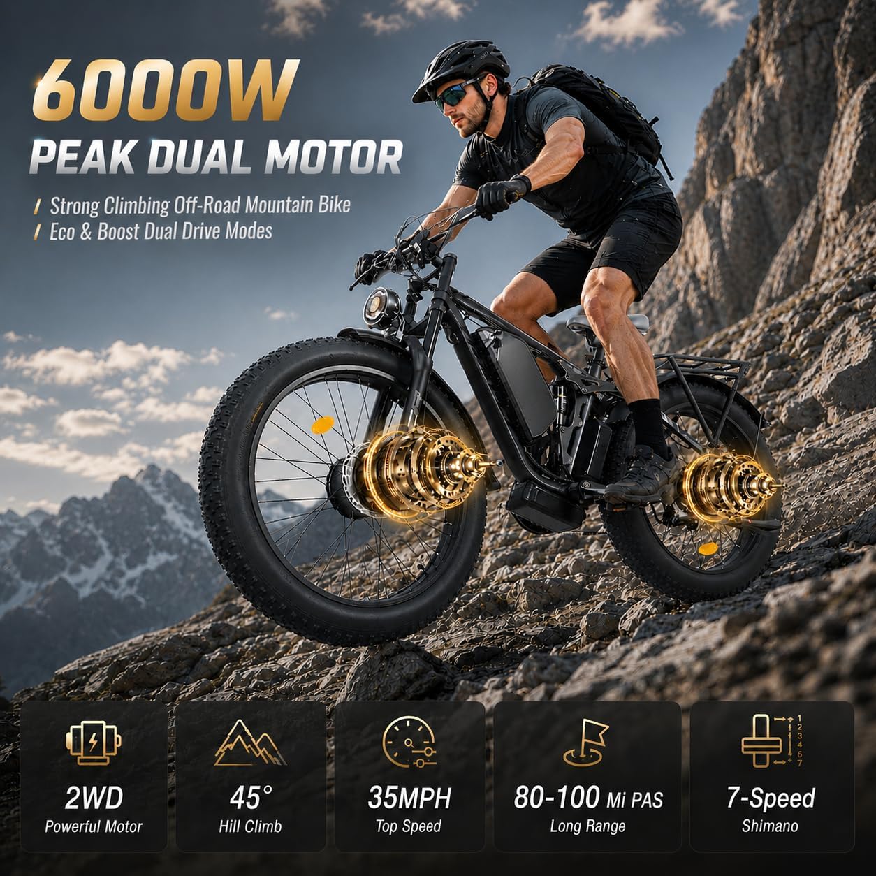 AWD Electric Bike for Adults, 6000W Peak Dual Motor, 54.6V 36AH Removable Battery, 35MPH, 100Miles Long Range, 26" Fat Tire All-Terrain Mountain Ebike, Dual Hydraulic Brakes, UL2849 Certified