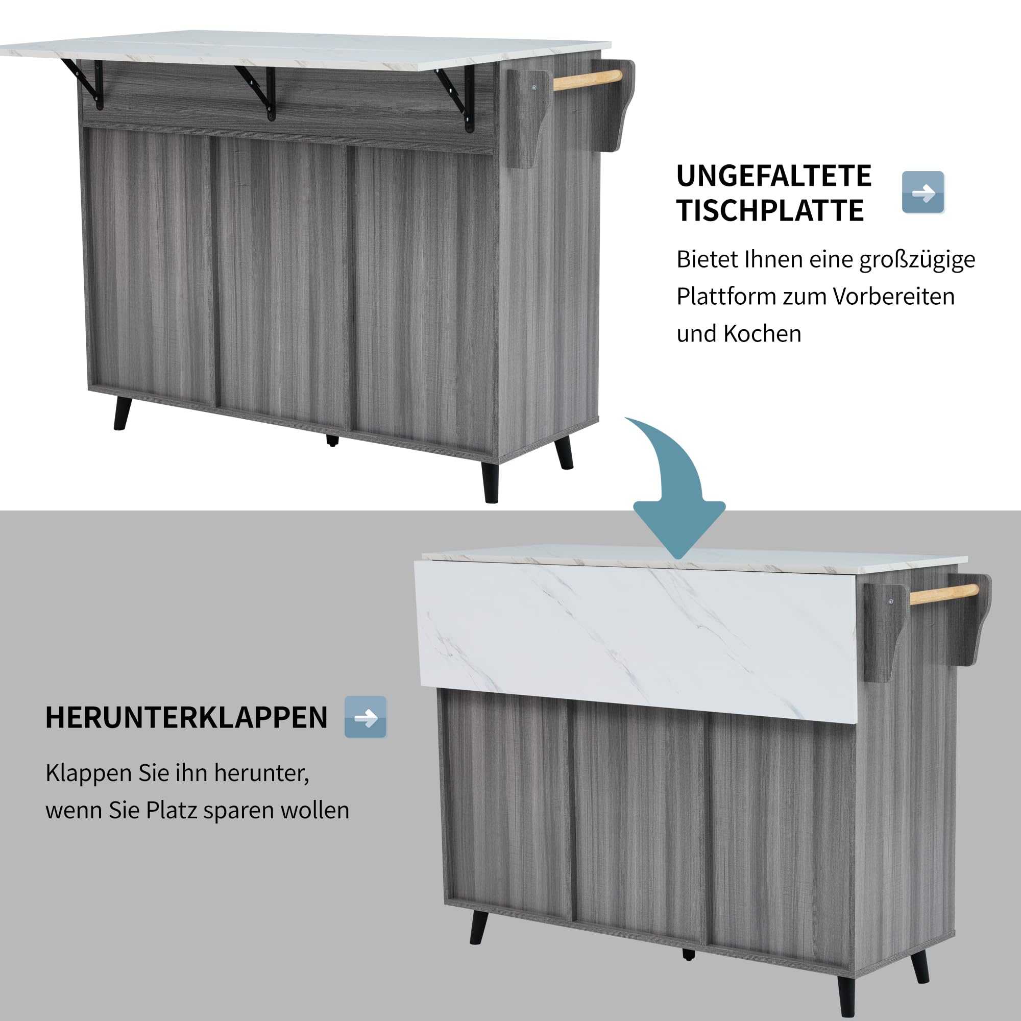 Isola da cucina autoportante con piano di lavoro pieghevole, mobile da cucina su 5 ruote, con ripiano e 2 cassetti, per cucina e sala da pranzo, 129 x 46 (71) x 91,5 cm (grigio - A)
