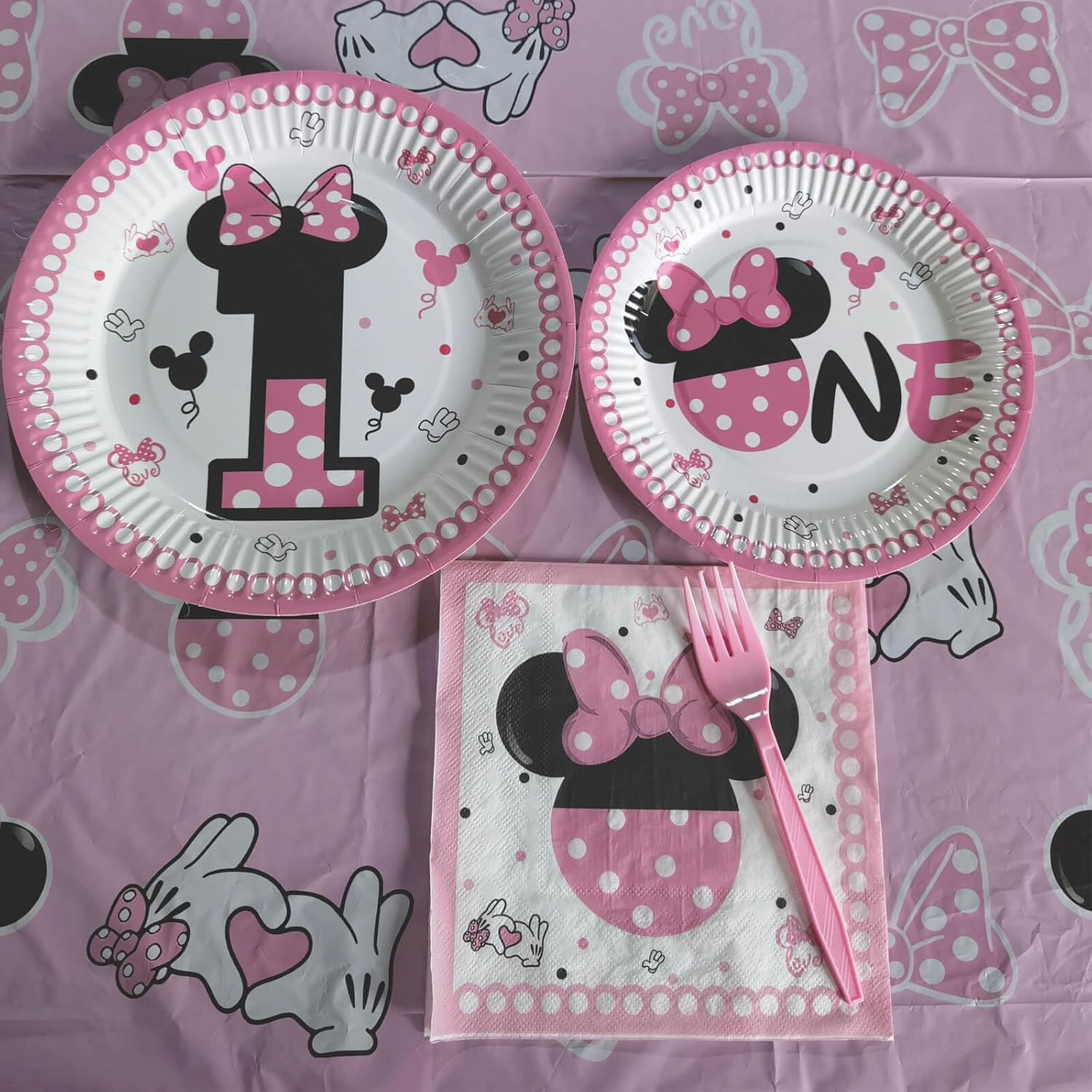 118 Pcs Pink 1st Birthday Party Supplies Girls One Paper Plates Napkins Cups Forks Tablecloth Banner for Girl's 1st Birthday Baby Shower Party Decorations, Serve 20
