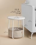 VASAGLE Collection LILEA - Petite Table d'Appoint Ronde, Table de Nuit Moderne avec Panier en Tissu, Blanc Mat et Brun Chameau ULET223W10