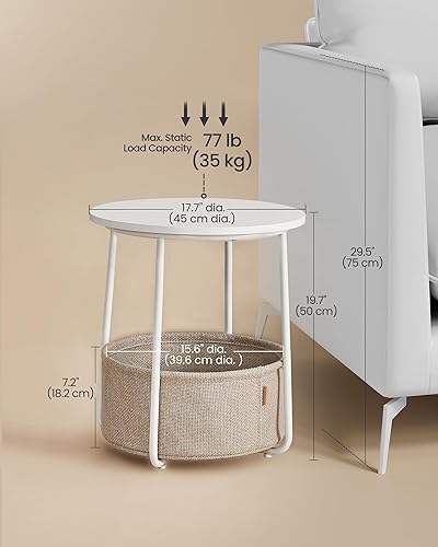 Miniatura 3 de VASAGLE Colección LILEA - Mesa auxiliar pequeña redonda, moderna mesita de noche con cesta de tela, blanco mate y marrón camello ULET223W10 Blanco