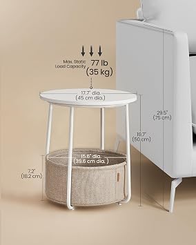 VASAGLE Small Round Side End Table, Small Nightstand with Fabric Basket